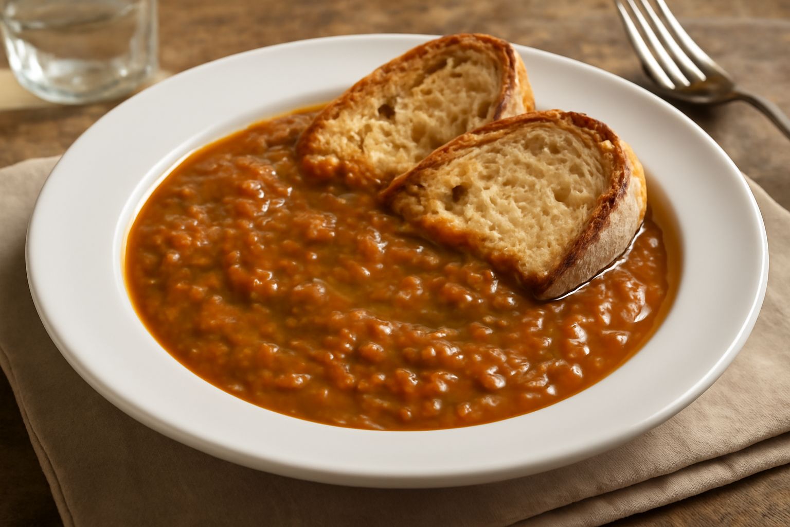 Una scodella di ceramica bianca con acquacotta fumante, fette di pane toscano scuro immerse nel brodo, zucchine e pomodori rossi visibili, olio d'oliva che crea una patina dorata in superficie, cucchi