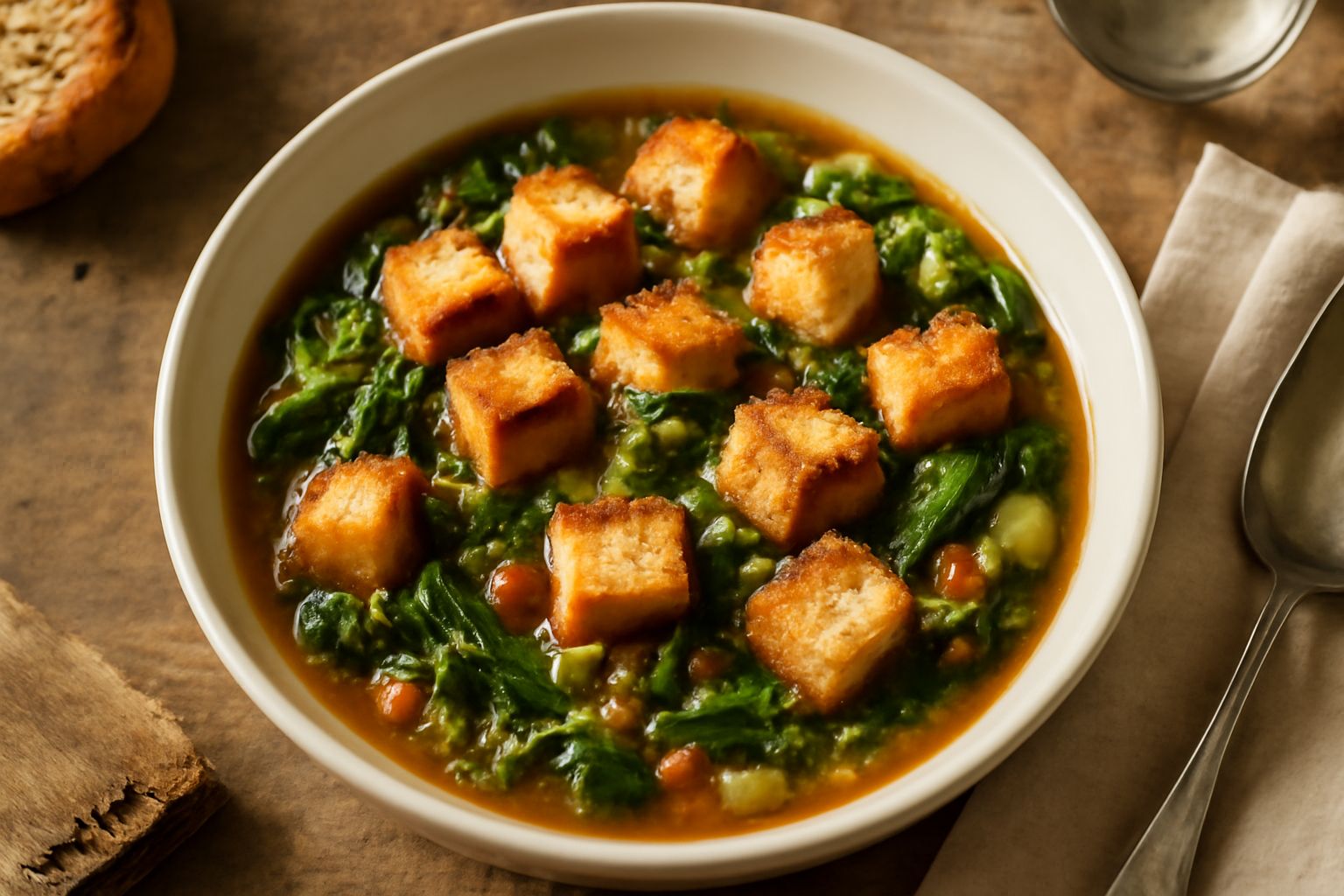 Una ciotola bianca di acquacotta fumante con cubetti di pane tostato dorato che galleggiano in un brodo rosso denso, verdure verdi visibili, tocco di olio d'oliva sulla superficie, tavolo di legno scu