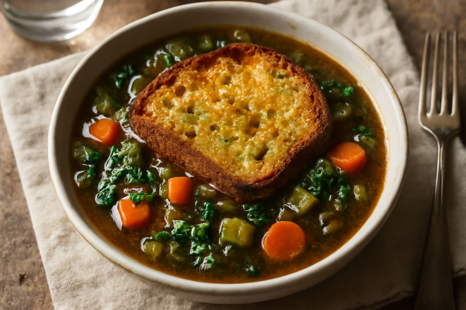 Zuppa acquacotta di colore marrone scuro con verdure verdi e bianche, pane tostato giallo dorato galleggiante, in un piatto bianco fondo con cucchiaio di legno