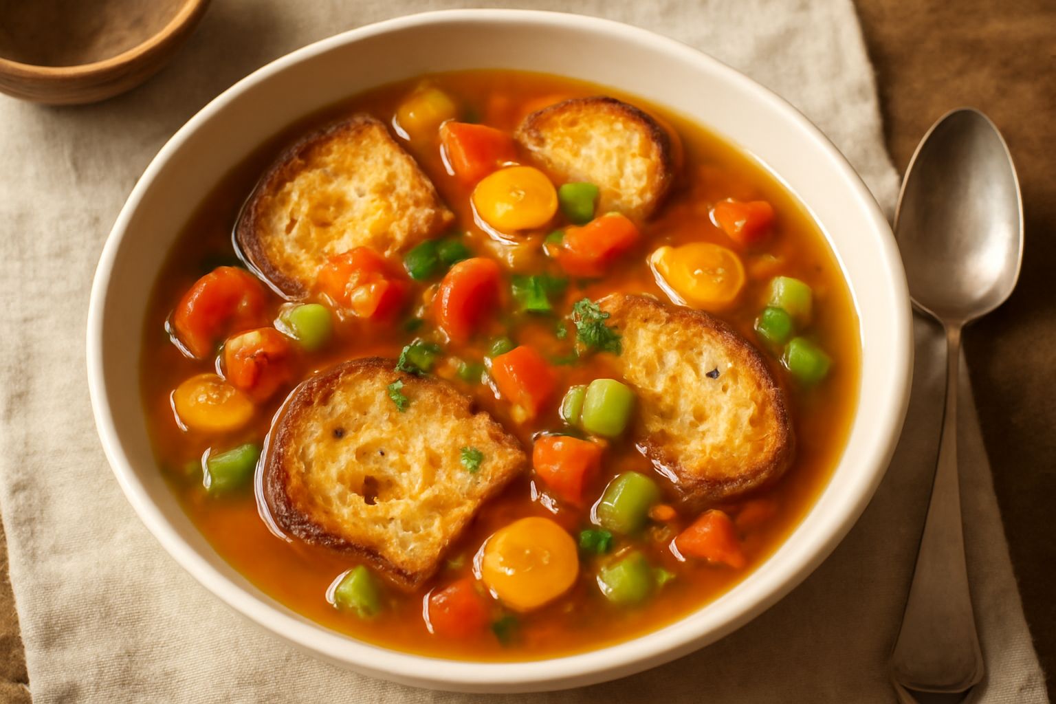 Una ciotola di ceramica bianca con acquacotta di magro: brodo trasparente e caldo color ambra, fette di pane tostato biancastro galleggiano in superficie, pezzi di pomodoro rosso e verdure verdi visib