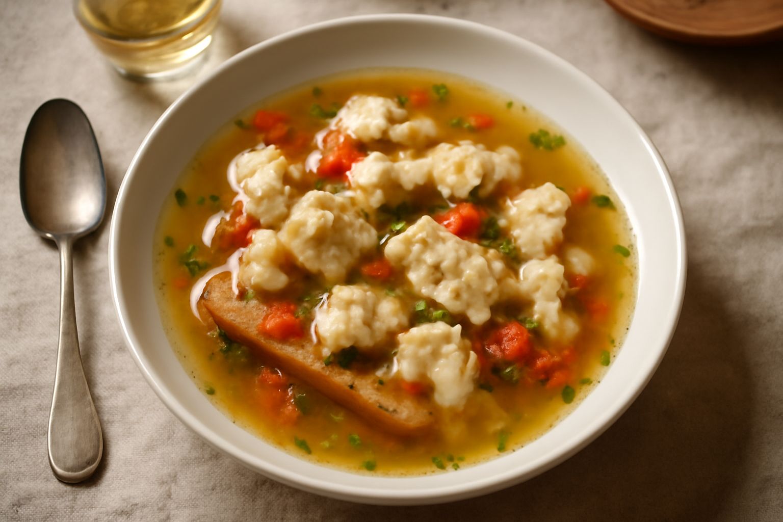 Una ciotola di acquacotta di pesce con brodo trasparente dorato, pezzi di pesce bianco, pomodori rossi, fette di pane tostato galleggianti, guarnizione di prezzemolo fresco e gocce d'olio d'oliva