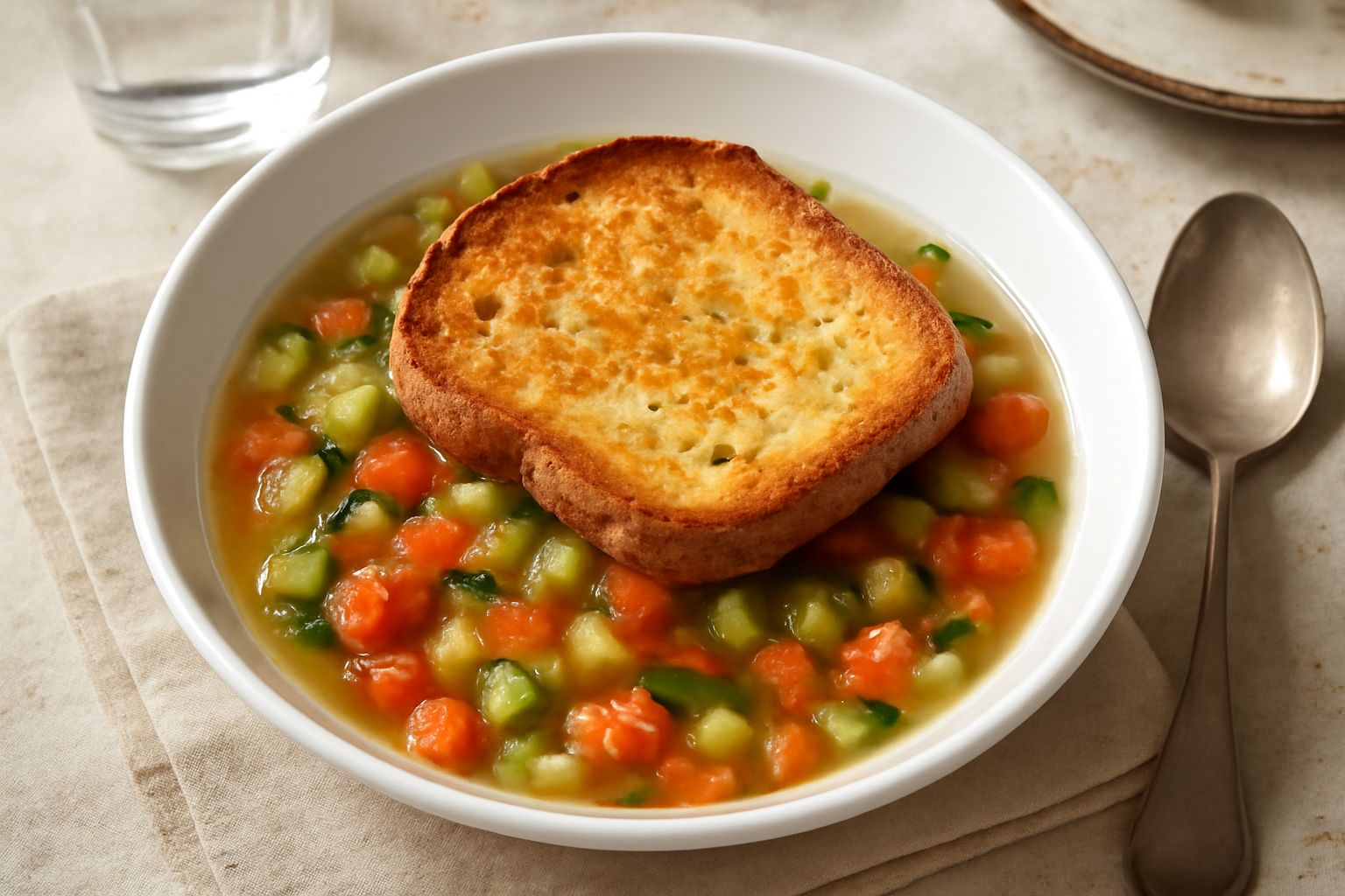 Ciotola di acquacotta di verdure con ortaggi a dadini colorati, pomodori rossi, zucchine verdi, pane tostato galleggiante in superficie e filo di olio extravergine