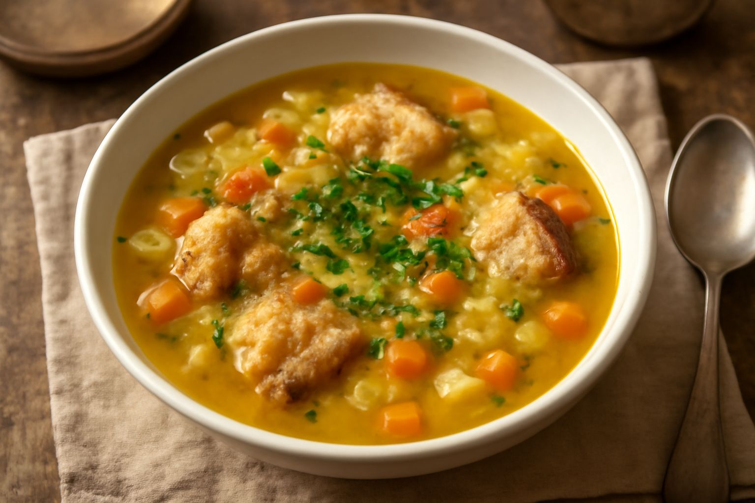 Zuppa di acquacotta in ciotola bianca: brodo trasparente color oro, verdure a cubetti (pomodori, carote, sedano) affondano nel liquido, pane tostato giace al fondo, fette di pane raffermo intorno, pre