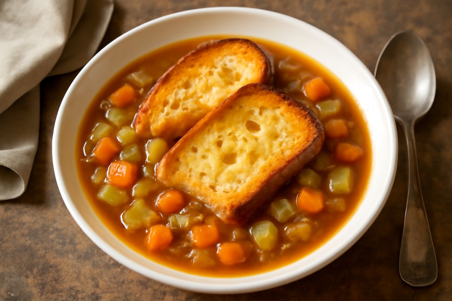 Una ciotola di ceramica bianca con zuppa di verdure miste, fette di pane tostato galleggianti, colore ambrato dal brodo caldo, prezzemolo verde sopra, cucchiaio in primo piano