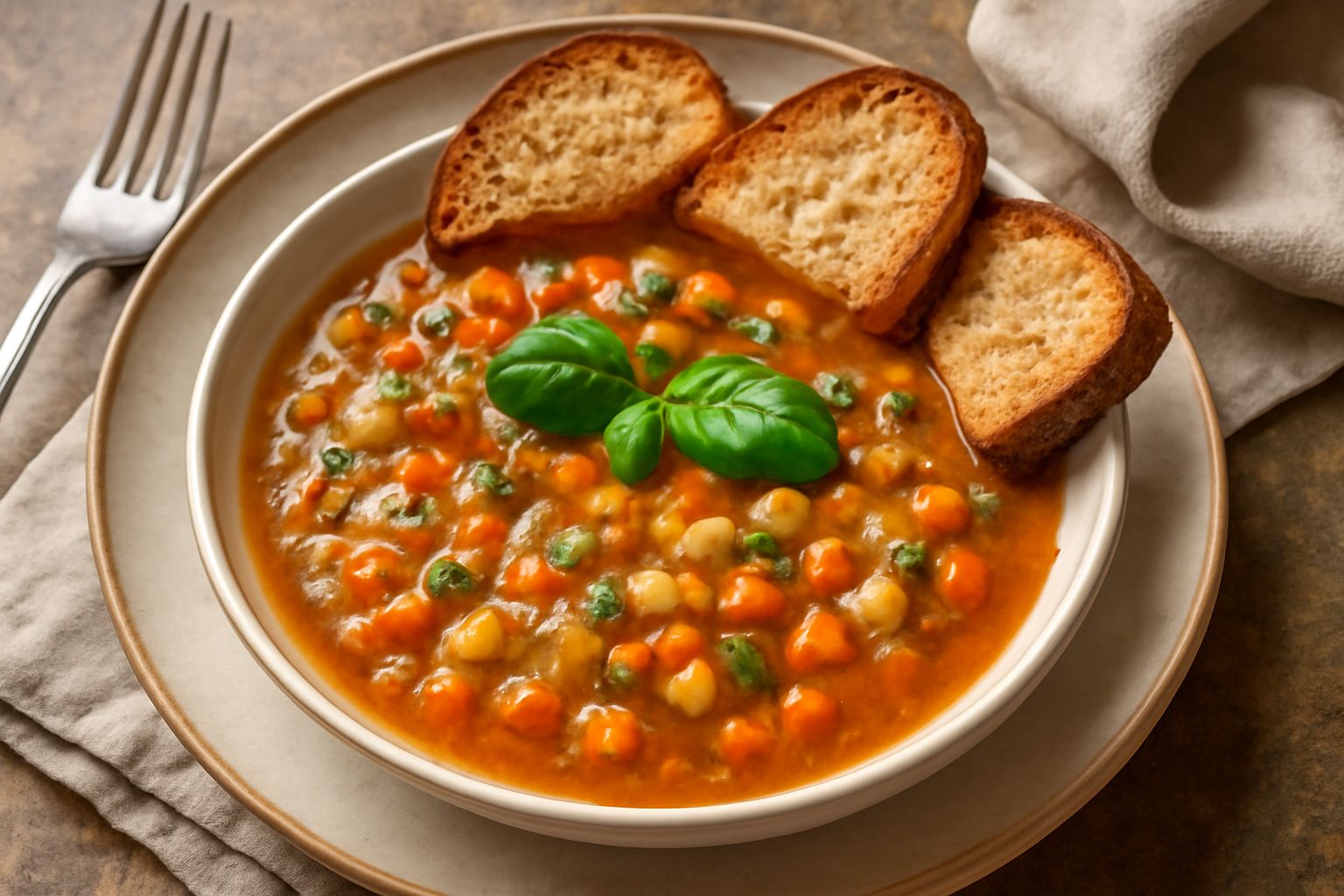 Ciotola di ceramica con acquacotta fredda: zuppa color ambra con cubetti di zucchine e pomodori visibili, fette di pane tostato ai bordi, olio verde oliva versato sopra, guarnizione di basilico fresco