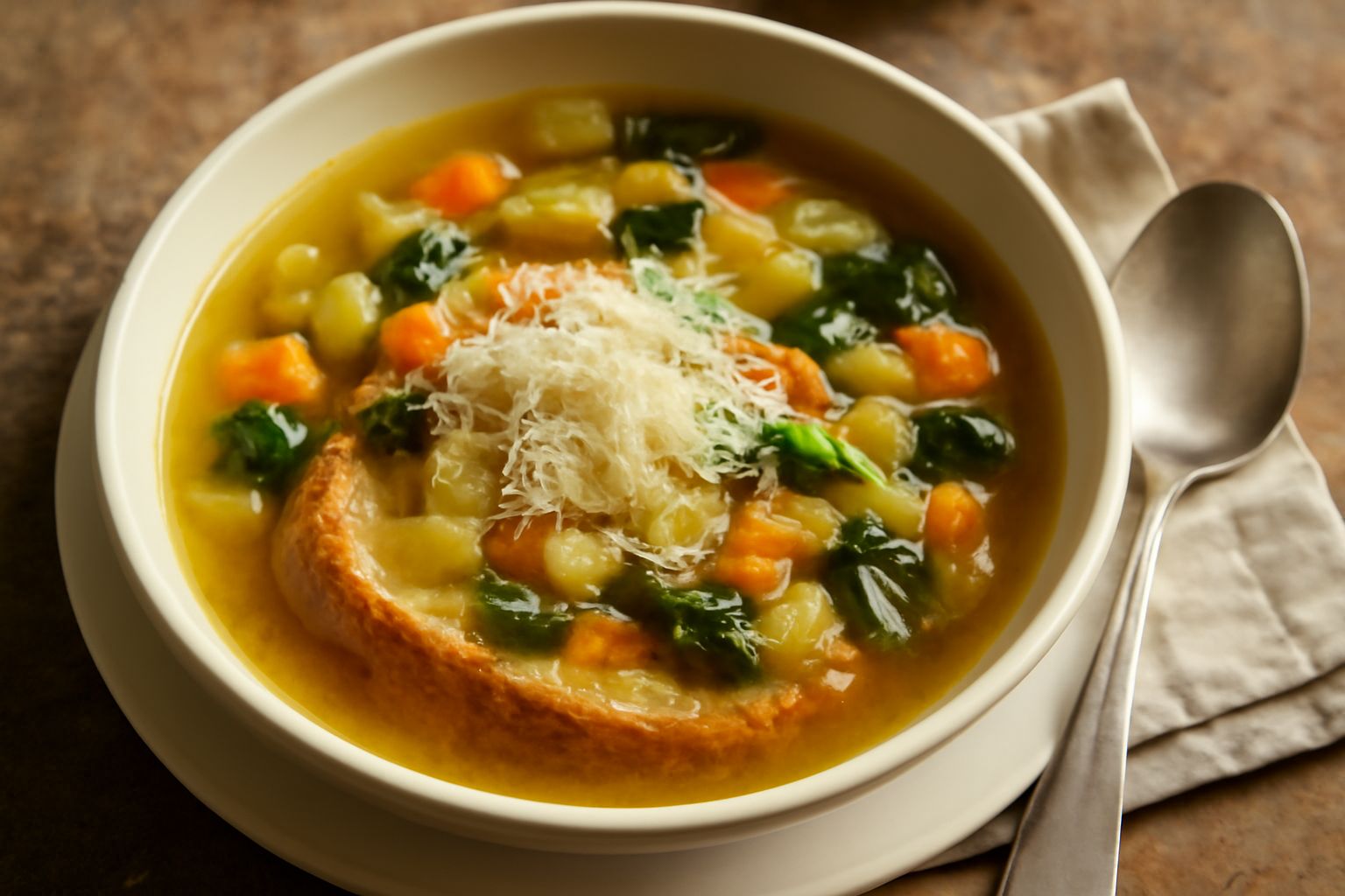 Ciotola di terracotta con acquacotta marchigiana fumante, verdure verdi e arancioni visibili nel brodo trasparente, fette di pane tostato sommerse, formaggio grattugiato in superficie, cucchiaio di le