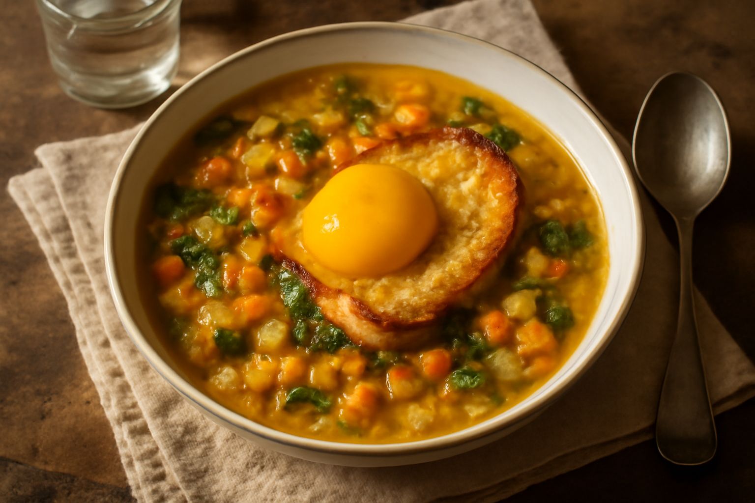 Una ciotola di terracotta con acquacotta maremmana: brodo trasparente con verdure colorate verdi e gialle, fette di pane tostato sul fondo, un tuorlo d'uovo intero al centro, prezzemolo fresco come gu