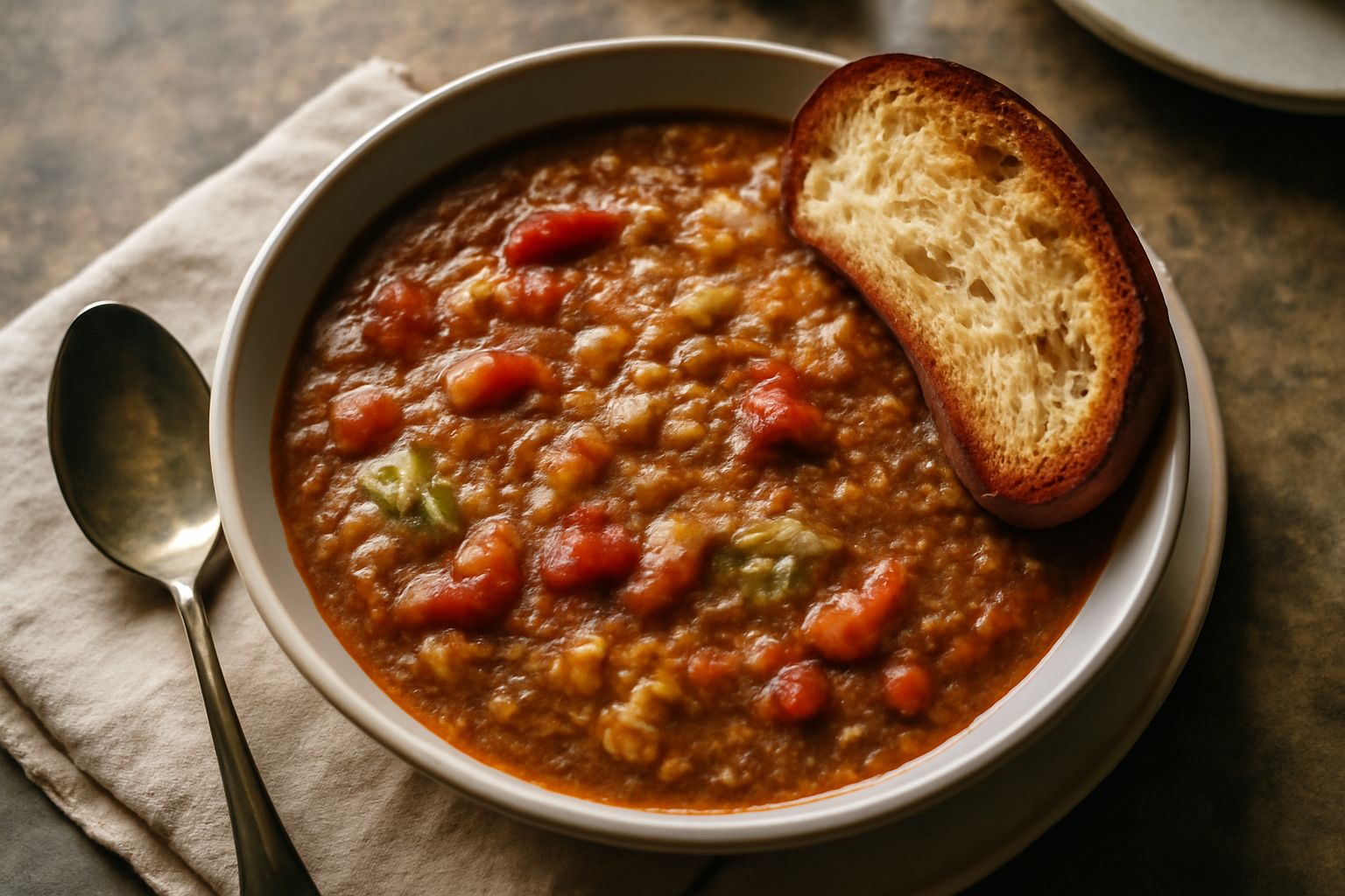 Zuppa di acquacotta senese in ciotola bianca: brodo denso marrone chiaro con frammenti di verdure, uovo sbattuto cremoso in superficie, fette di pane tostato ai bordi, finiture di olio verde e pepe ne