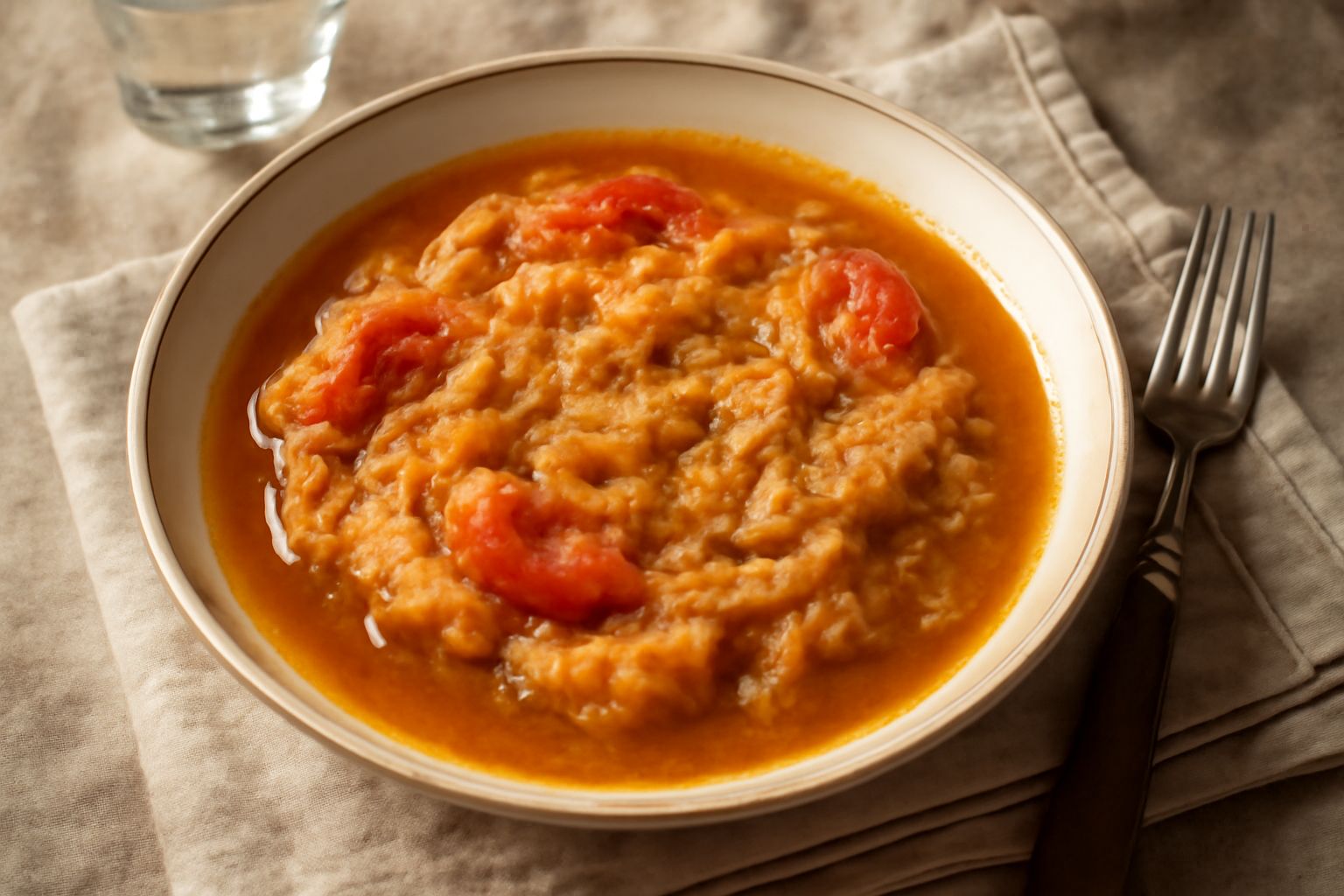 Ciotola di ceramica bianca con acquacotta spezzina: brodo trasparente con pezzi di pane ammollato, verdure morbide, fette di cipolla dorata e pomodoro, cucchiaio di legno dentro, filo di olio verde ol