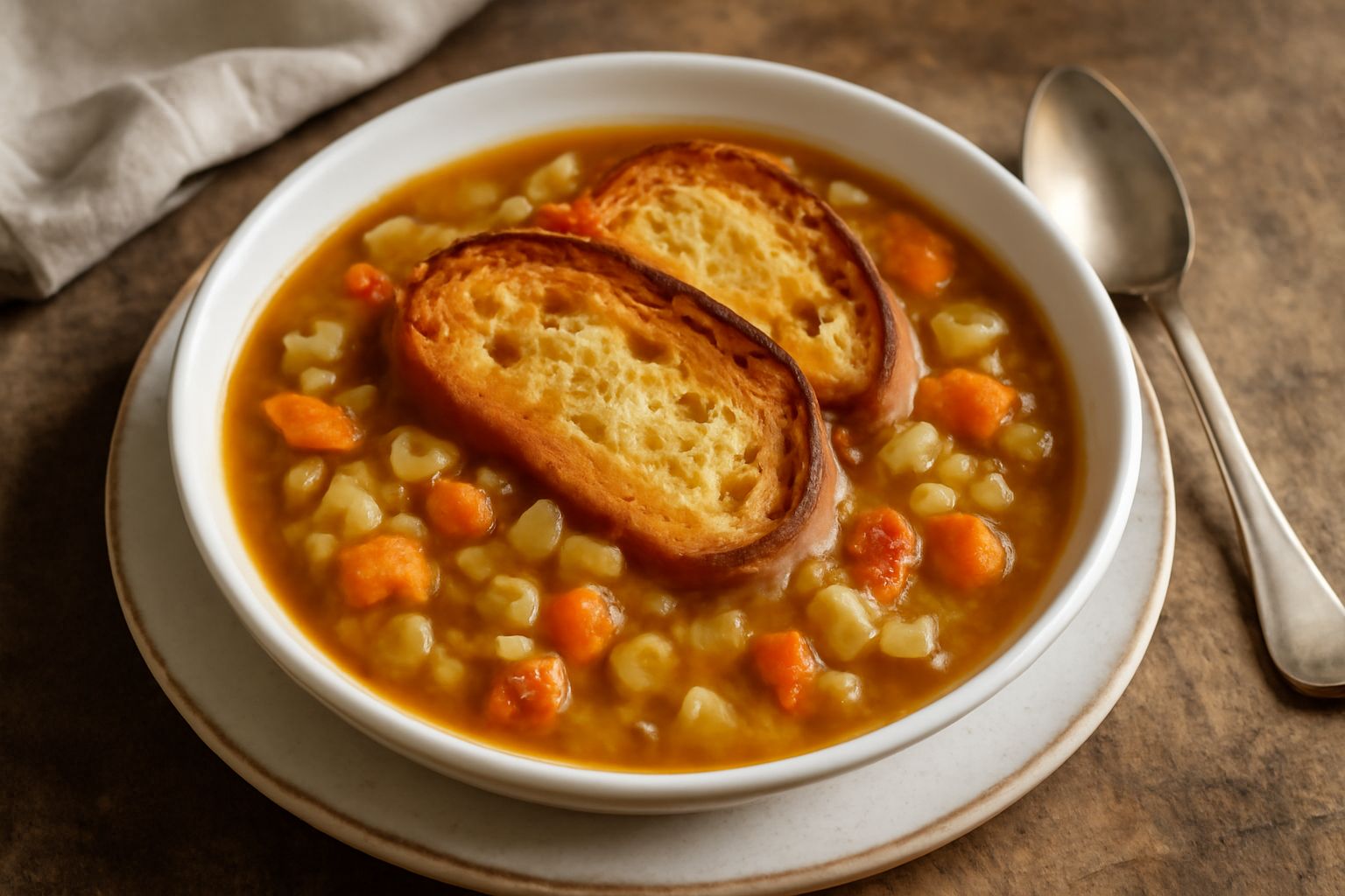Una ciotola di terracotta con brodo dorato, fette di pane tostato galleggianti, pomodori rossi, sedano e cipolla bianca visibili nel liquido, guarnita con prezzemolo fresco verde su sfondo bianco