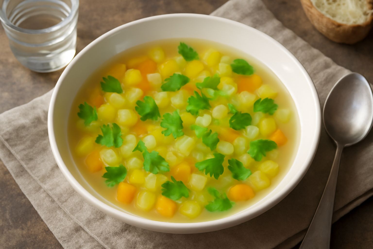 Una ciotola bianca ricolma di acquacotta veneta con verdure tagliate a dadini di colore verde, giallo e bianco, brodo trasparente e fumante, servita su tavolo di legno chiaro con cucchiaio di legno ac