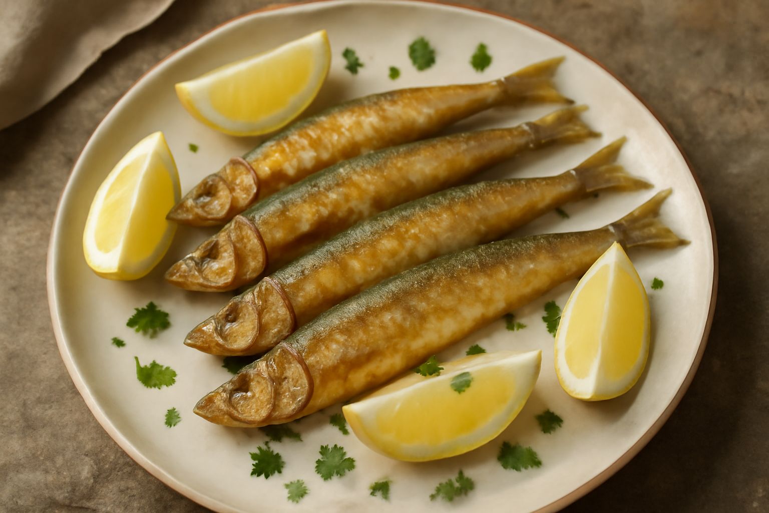 Piatto di acquadelle fritte dorate e croccanti, disposte in cerchio su carta bianca, contorno di limone fresco tagliato e prezzemolo verde