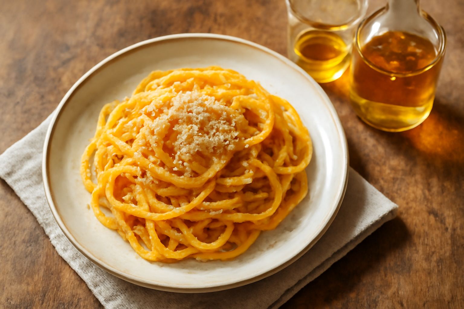 Una bottiglia di vetro trasparente riempita di acquavite dal colore giallo dorato, con bucce d'agrumi galleggianti dentro, circondata da limoni freschi e foglie verdi su un tavolo di legno chiaro