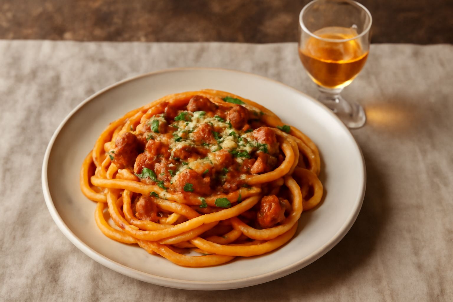 Bottiglie di vetro trasparente con acquavite ambrata, circondate da prugne fresche, pere e rametti di erbe aromatiche abruzzesi su un tavolo di legno