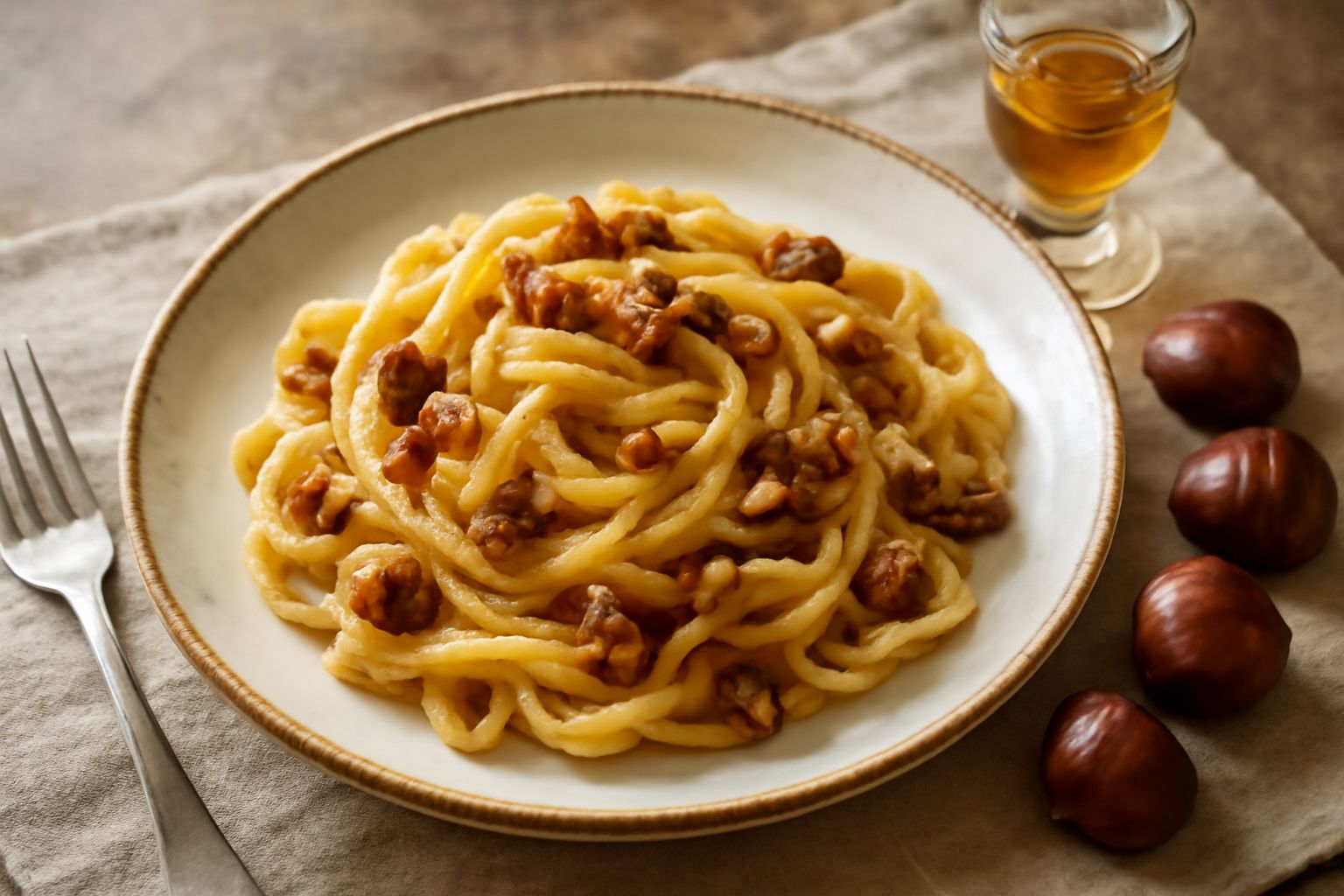 Bottiglia di vetro con liquido dorato trasparente contenente acquavite di castagne, con castagne secche intorno, sfondo neutro chiaro