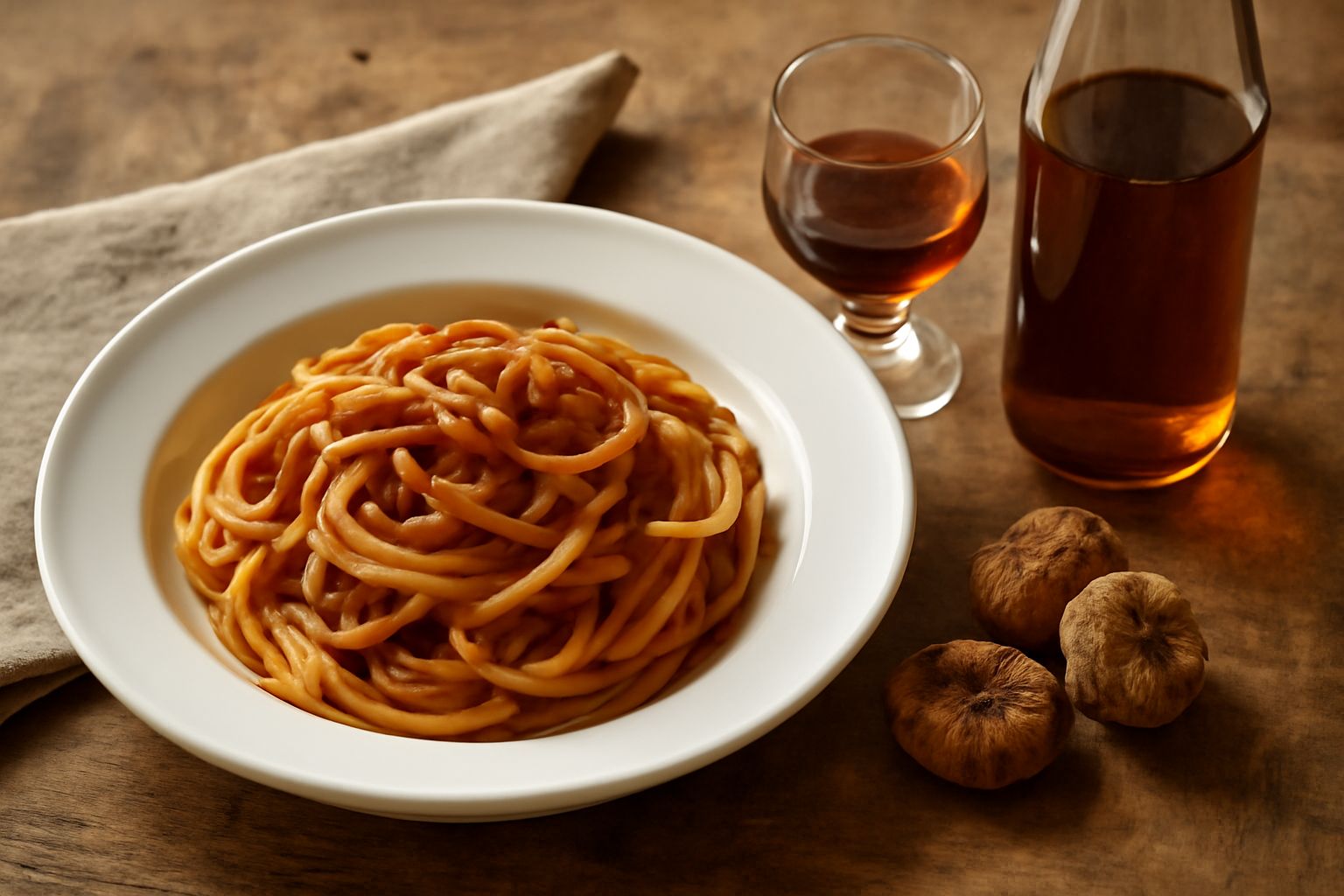 Bicchiere trasparente con acquavite di fichi dal colore ambrato scuro, denso, con tracce di residuo sul fondo; sullo sfondo una bottiglia di vetro tappata e fichi freschi tagliati a metà su piano di l