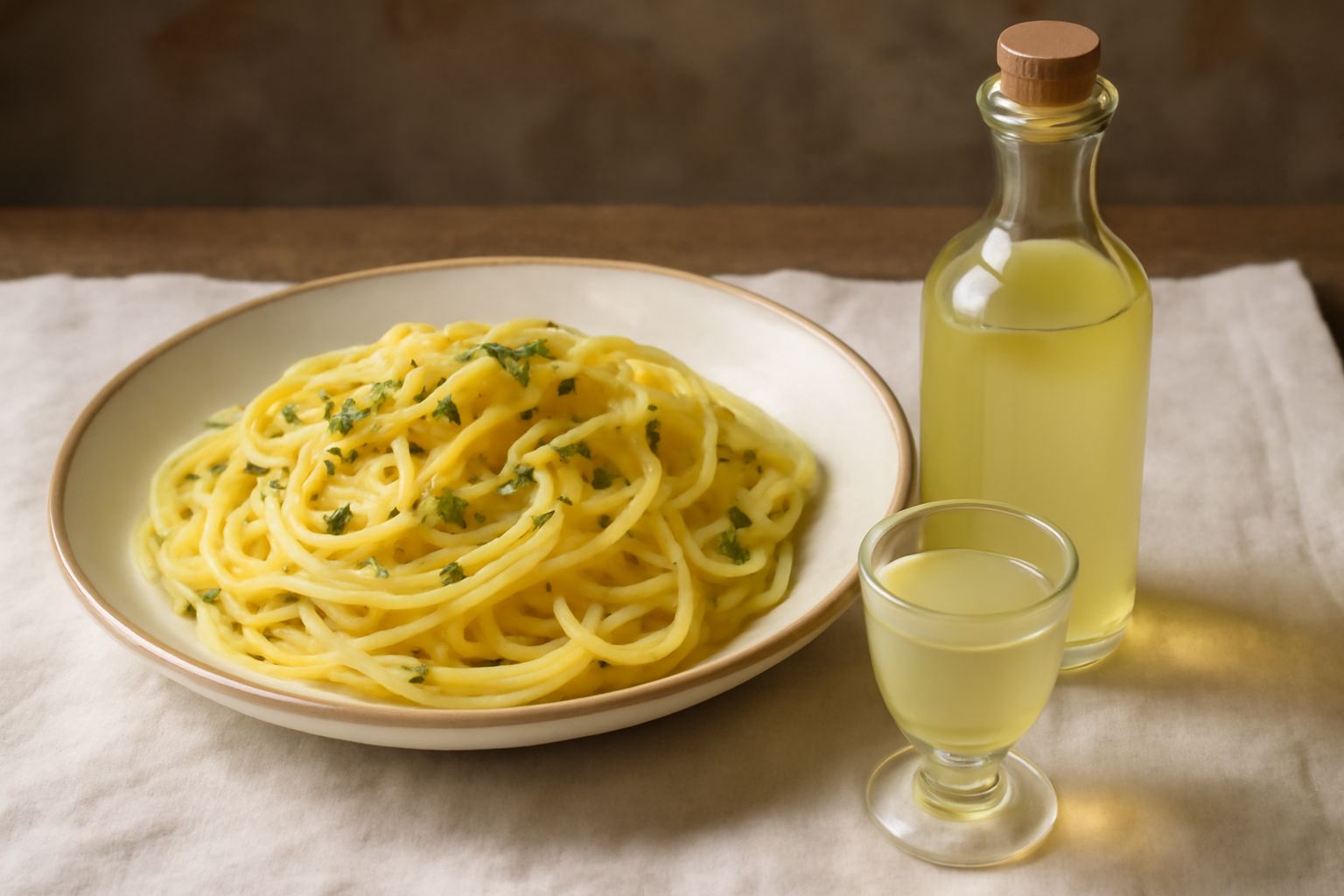 Bottiglia trasparente di vetro con acquavite di limone di colore giallo paglierino molto chiaro, illuminata da luce naturale, con scorze di limone fresco accanto sulla superficie di marmo bianco