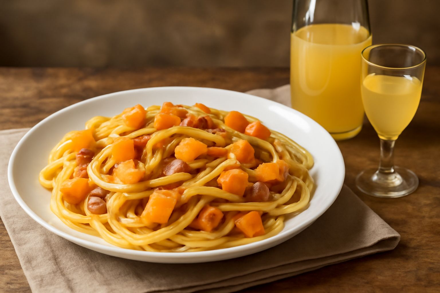 Bottiglia di vetro trasparente con liquido giallo-arancio chiaro, riempita a metà, etichetta biancastra, poggiata su tavolo di legno accanto a fette di melone fresco tagliato
