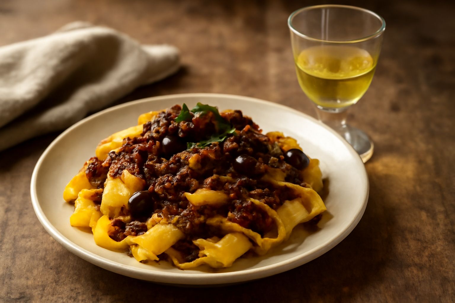 Bottiglia di vetro trasparente con acquavite di mirto dal colore giallo-paglierino, bacche nere di mirto visibili sul fondo, etichetta bianca artigianale, sfondo di legno naturale con rametti di mirto