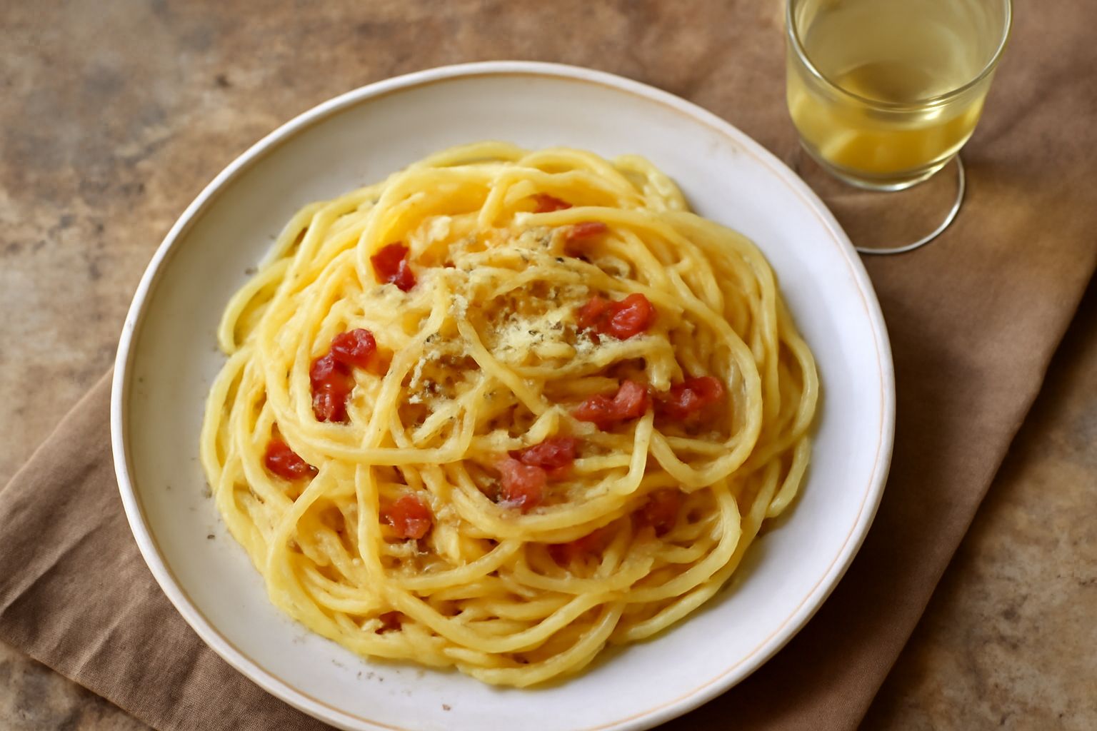 Bottiglia trasparente di vetro scuro contenente liquido cristallino giallo pallido con frammenti di pera visibili sul fondo, su superficie di marmo bianco accanto a pere mature gialle