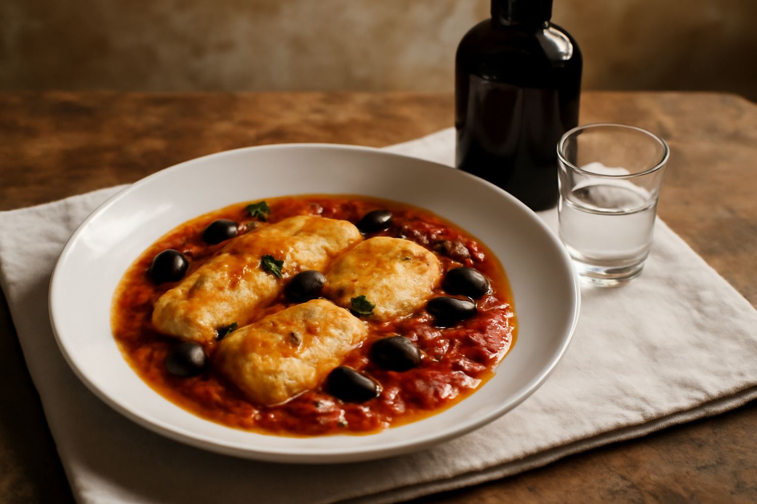 Bottiglia di acquavite di Taggia trasparente e cristallina in vetro scuro, su tavolo di legno con accanto vinaccioli secchi, uva moscato e un bicchierino di degustazione
