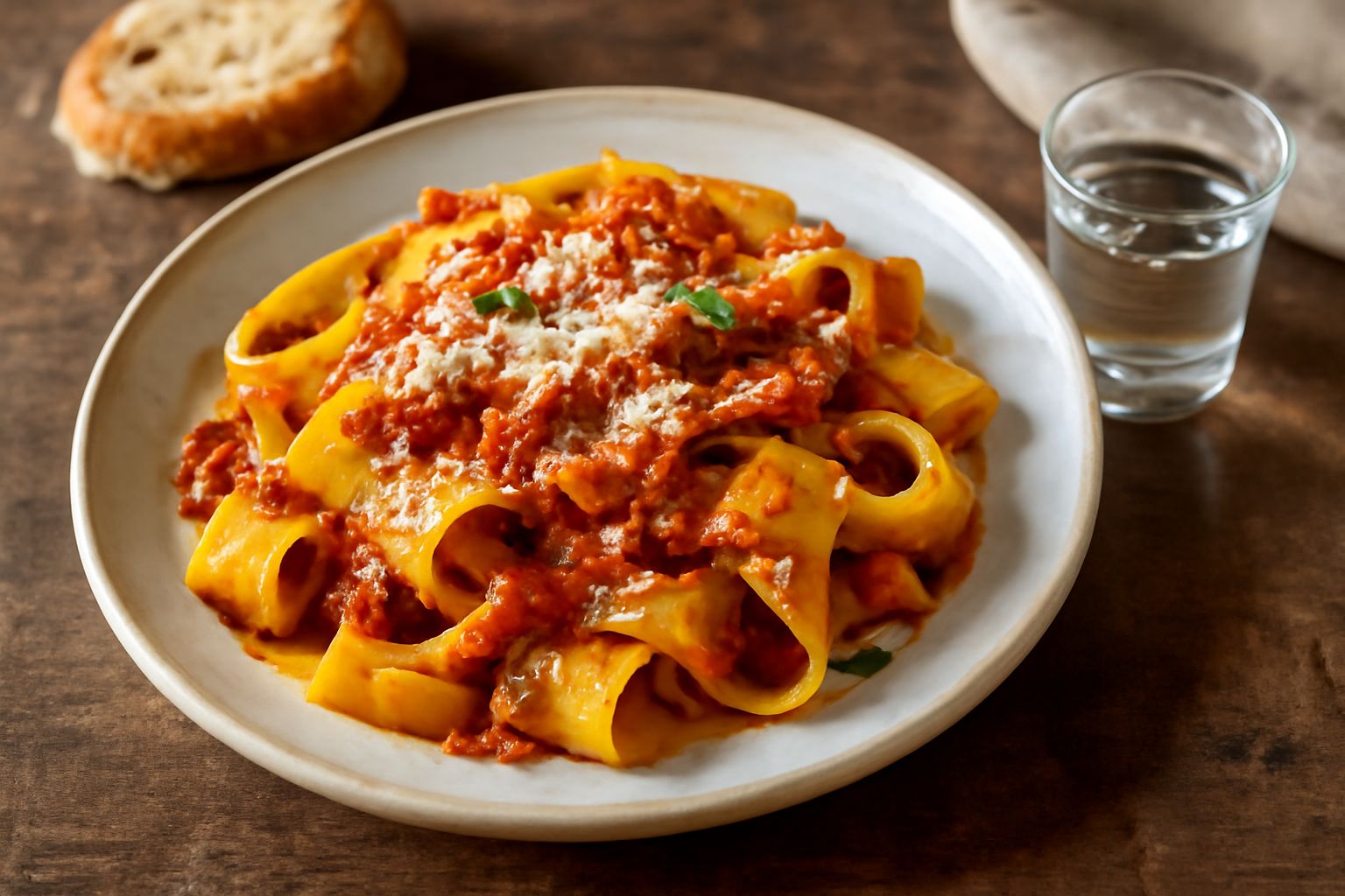 Una bottiglia di vetro scuro contenente acquavite trasparente e incolore, con tappo in sughero, posizionata su un ripiano di legno accanto a un bicchierino in cristallo mezzo pieno della bevanda, con 