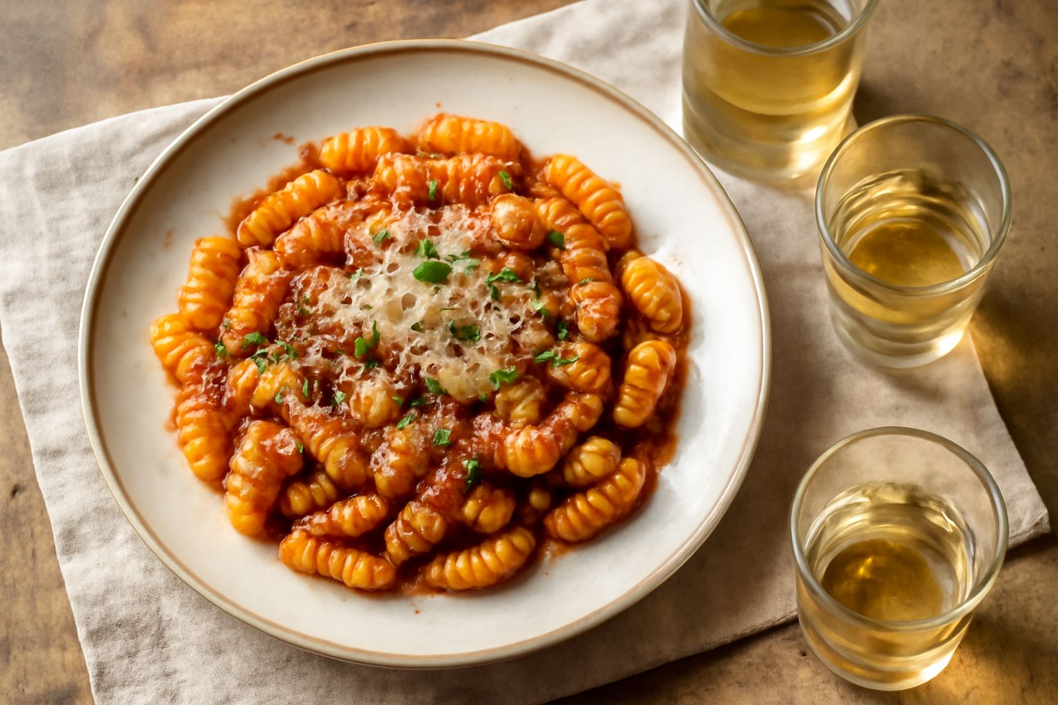 Bottiglia di vetro trasparente con liquido dorato-giallastro, vinaccioli scuri sul fondo, tappo di sughero, su un piano di legno con fascina di grano accanto