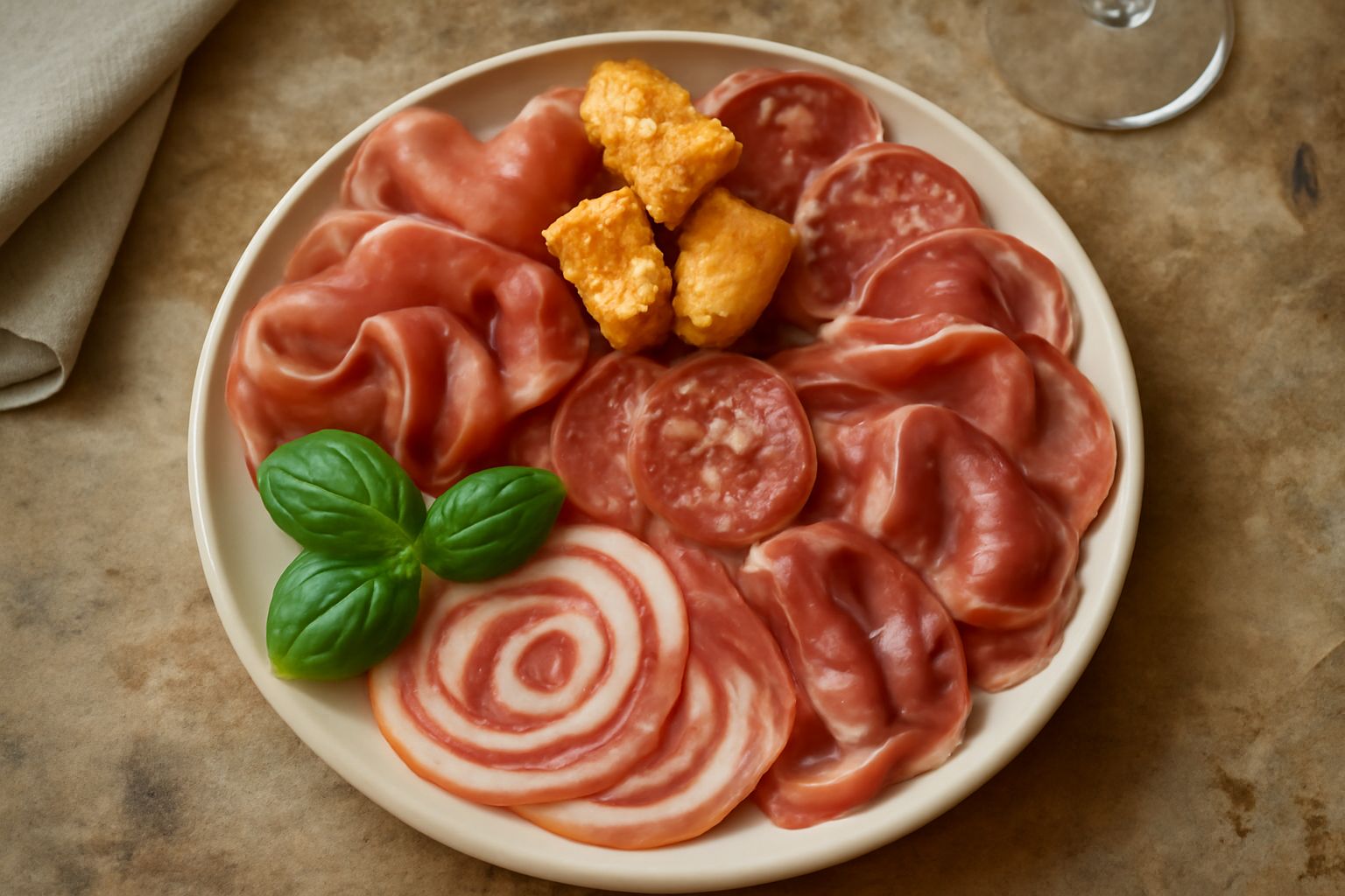 Tagliere in legno rettangolare con affettati misti disposti a ventaglio: prosciutto crudo rosa, mortadella chiara, speck scuro, soppressata rosso intenso, culatello beige, su fondo bianco con pane tos