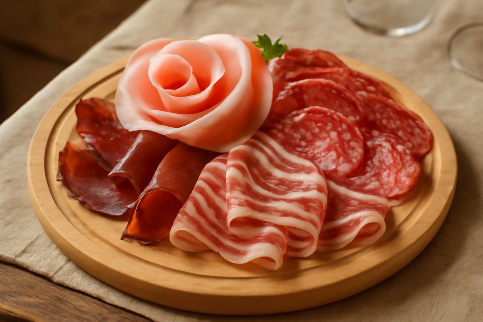 Tagliere di legno con affettati misti disposti in spirale: prosciutto crudo rosato, speck affumicato color mogano, pancetta striata, guanciale, salame rosso scuro. Contorno di pane tostato e olive ver