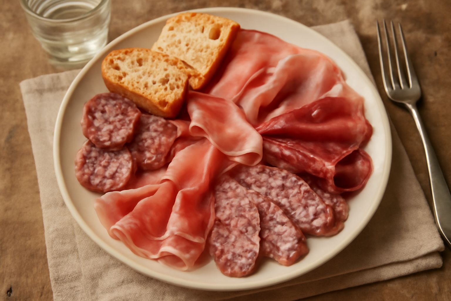 Affettati misti su un tagliere di legno chiaro: fette di prosciutto rosa tenue, salame rosso scuro, mortadella con grani di pepe visibili, coppa marmorizzata. Accanto, pane toscano e un calice di vino
