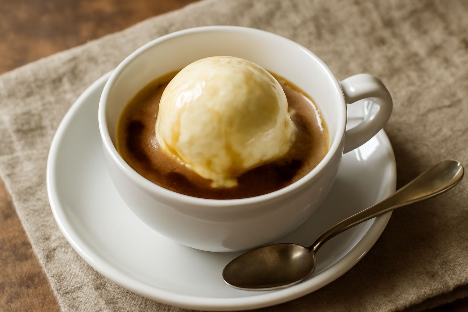 Tazza bianca con pallina di gelato vaniglia bianco-crema, caffè espresso scuro che cade dalla tazza creando contrasto cromatico, cucchiaio di metallo accanto, tavolo in legno naturale
