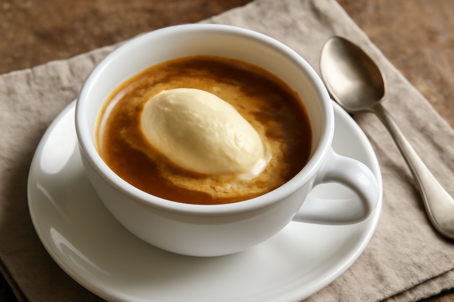 Una tazza bianca con gelato alla vaniglia bianco crema cosparso di cristalli di zucchero, con caffè espresso scuro versato sopra ancora fumante, in un piattino con un cucchiaio di metallo accanto