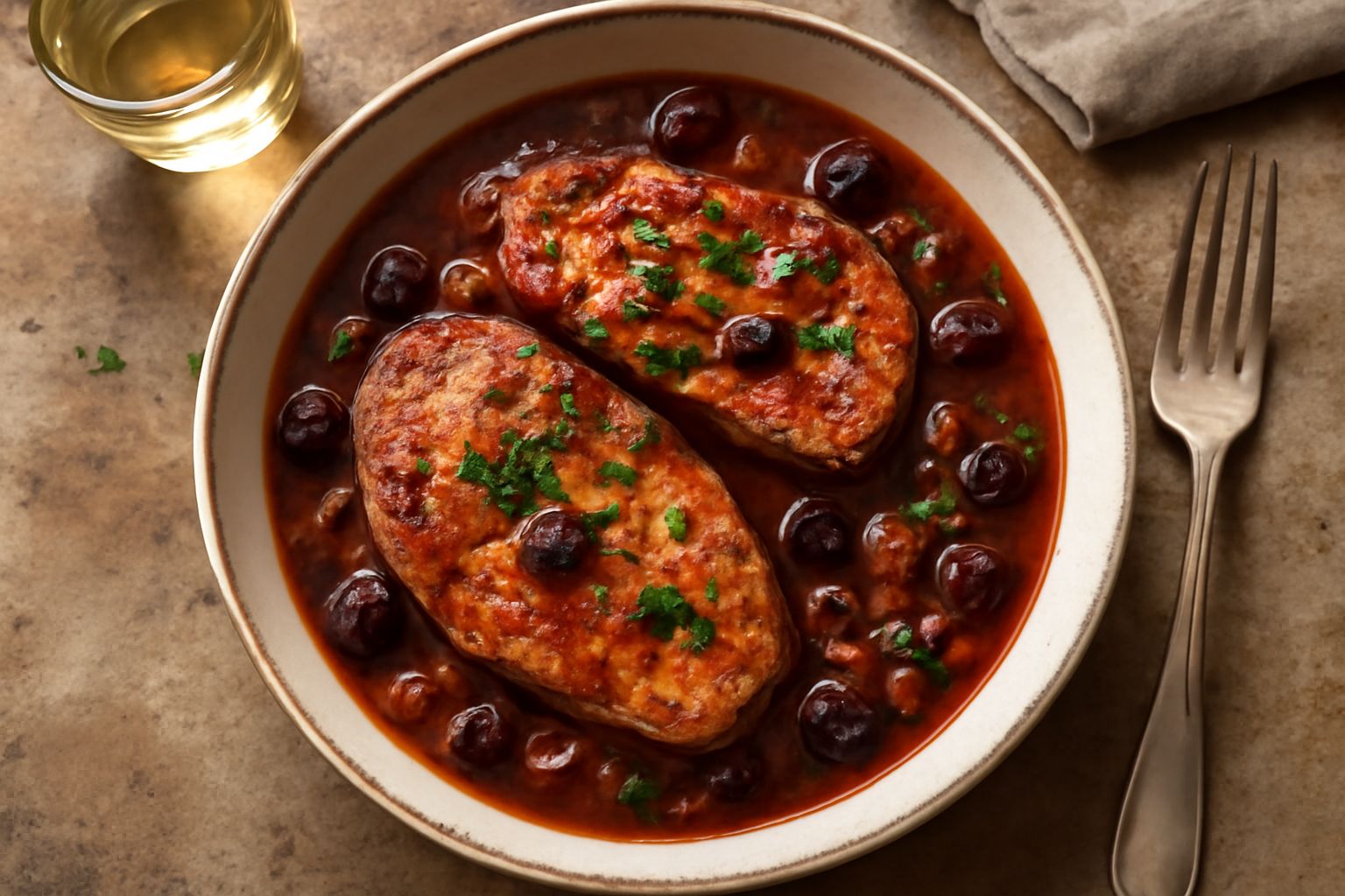 Piatto di ceramica bianca con fette di pesce spada immerse in un sugo rosso scuro contenente olive nere, con pomodori e capperi visibili, guarnito con prezzemolo fresco, servito con limone sul bordo