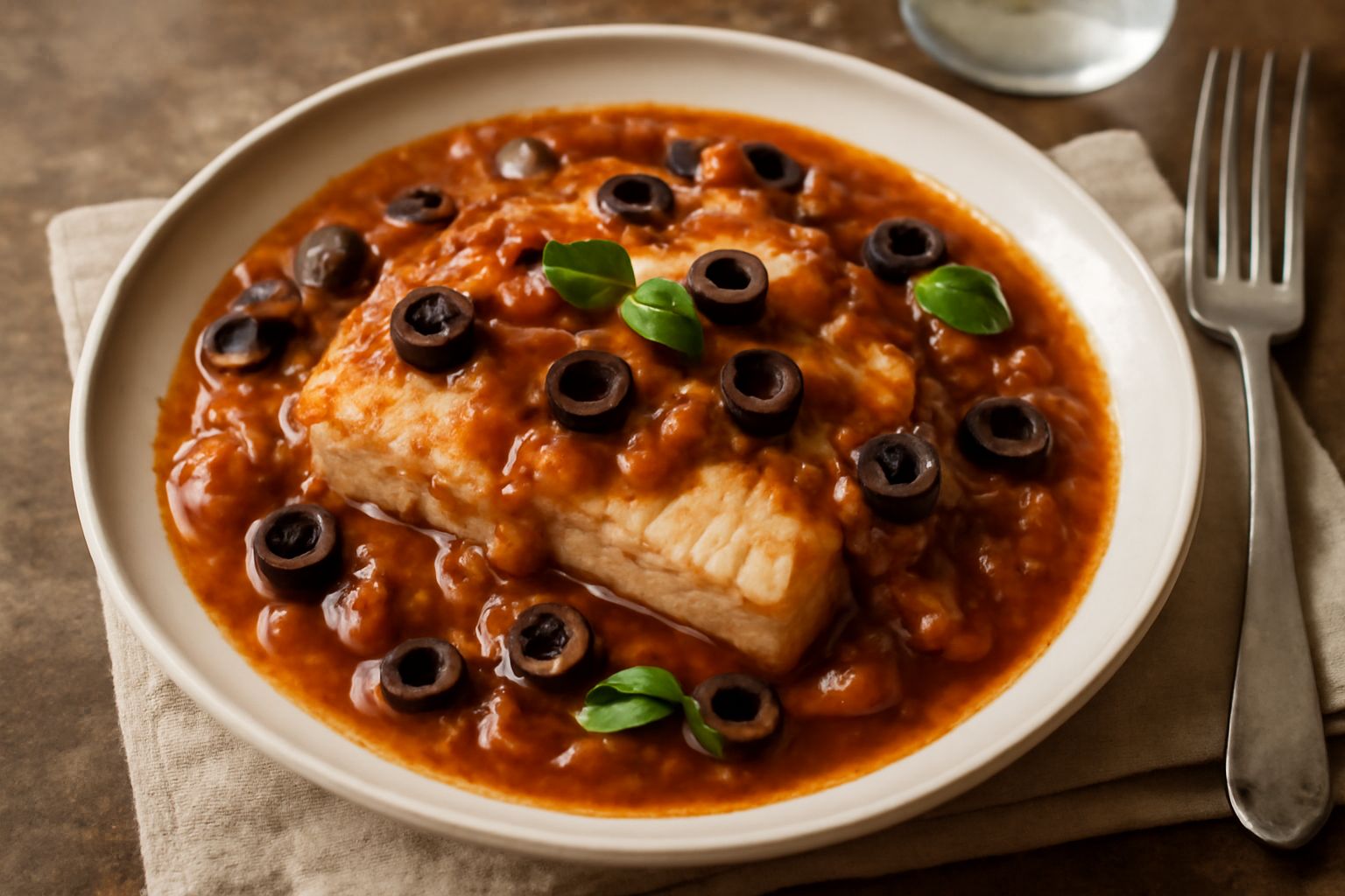 Agghiotta di pesce spada servita in piatto bianco con pezzi di pesce bianco e tenero, cipolla e pomodoro caramellati color marrone scuro, olive nere sparse in superficie, brodo ridotto sui bordi del p