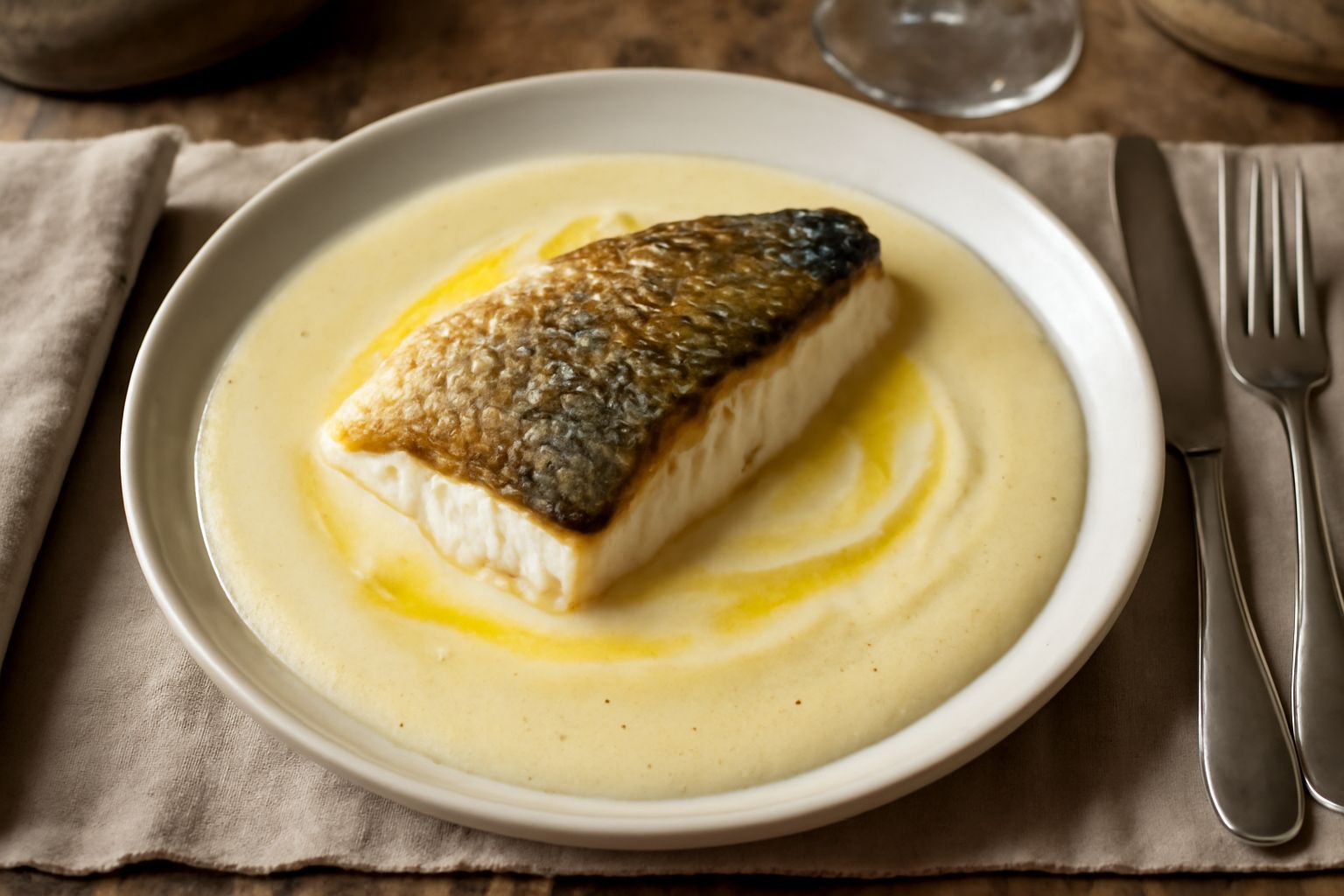 Agliada in ciotola bianca: salsa cremosa di colore bianco sporco con gocce di olio dorato in superficie, guarnita con una foglia di prezzemolo fresco, su fondo di legno chiaro.