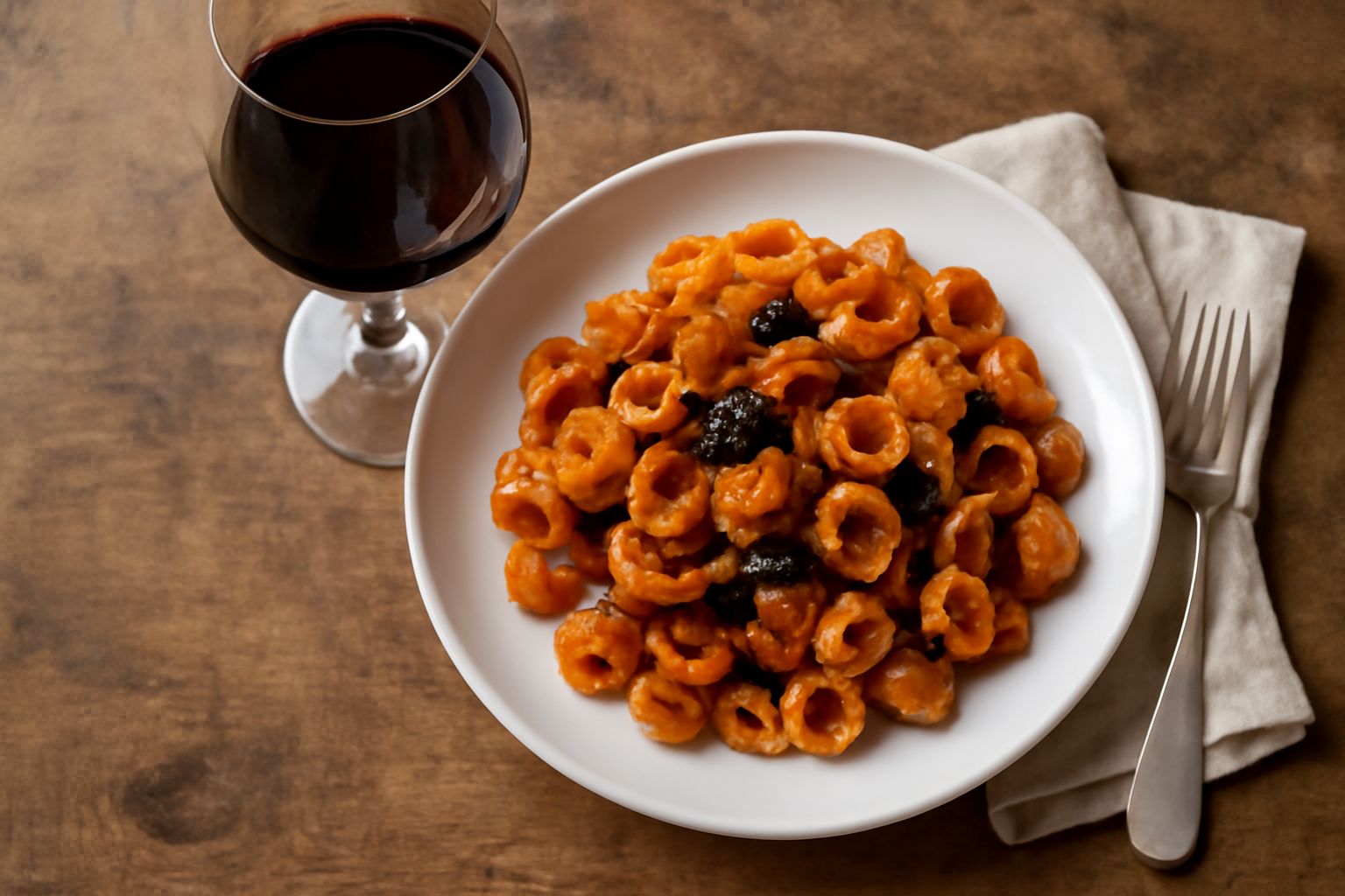 Bicchiere di vino rosso scuro Aglianico con riflessi granato, sfondo di vigneti su pendii vulcanici e nebbia leggera tra i filari