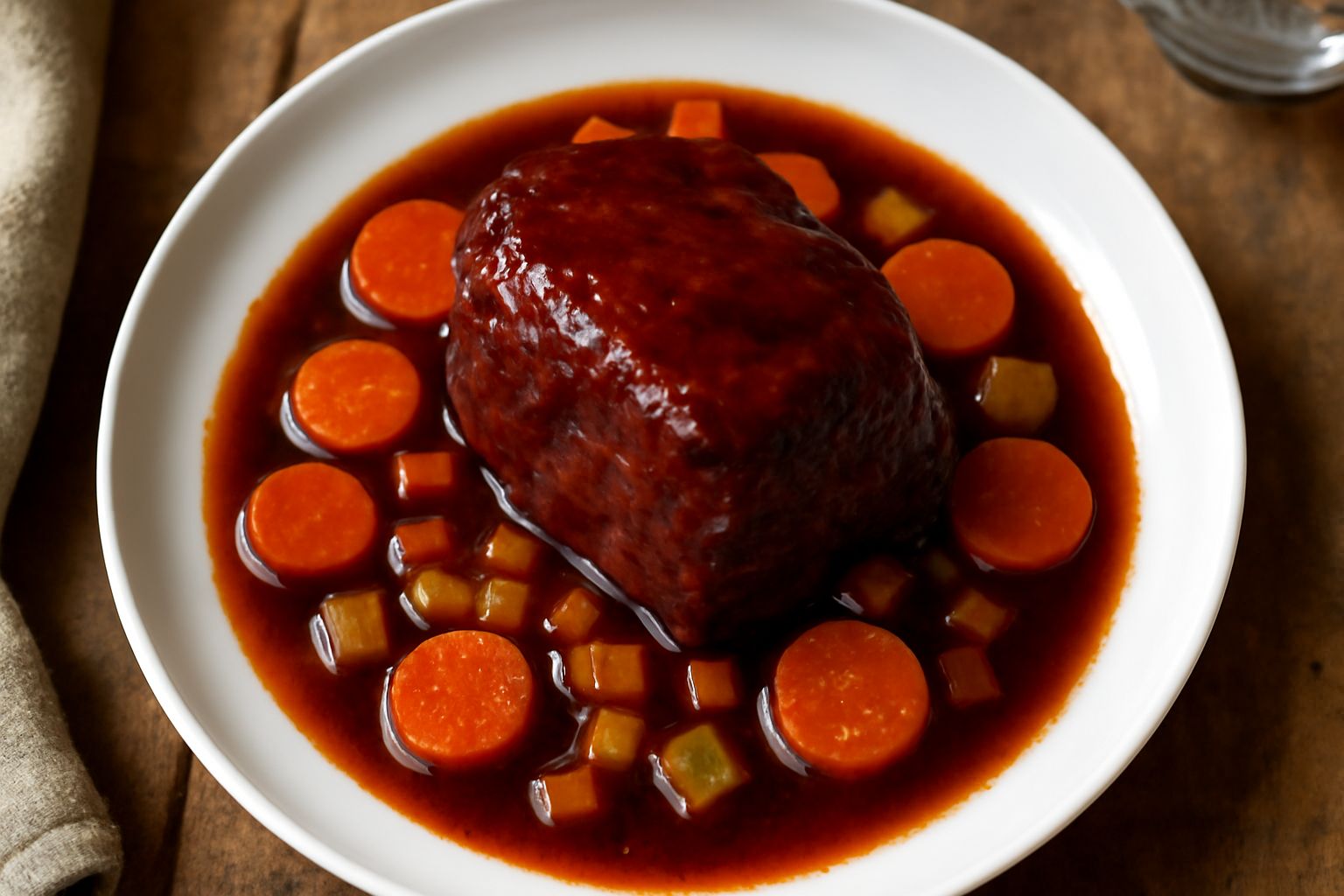 Brasato di manzo rosso scuro in umido su un piatto bianco, circondato da carote tagliate e sedano, con salsa densa di vino Aglianico, guarnito con prezzemolo fresco, su fondo di legno