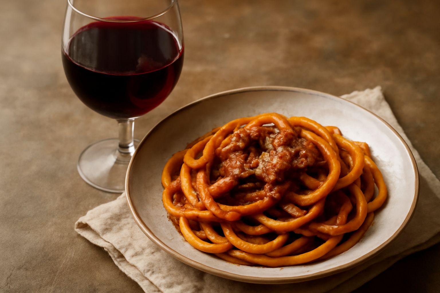 Bicchiere di vino rosso scuro Aglianico del Vulture accanto a un piatto di brasato, con spezie, cipolla e erbe aromatiche sullo sfondo