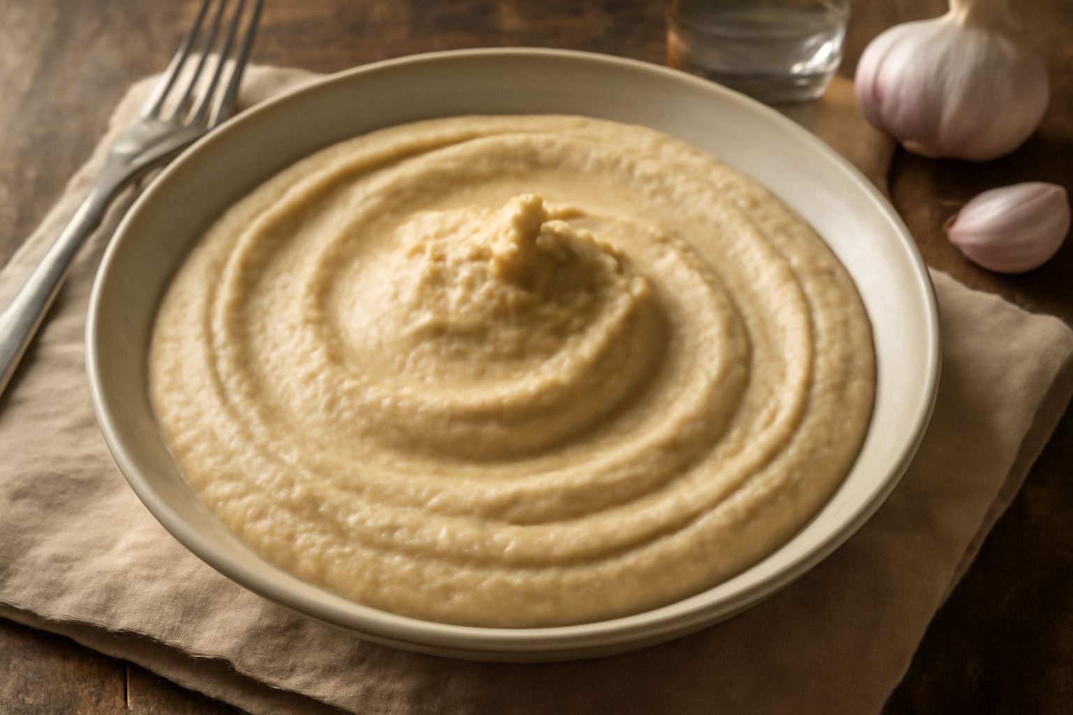 Salsa agliata color beige panna in una ciotola di ceramica bianca, con un cucchiaio di legno, spicchi d'aglio fresco e pane tostato ai lati su fondo in legno grigio