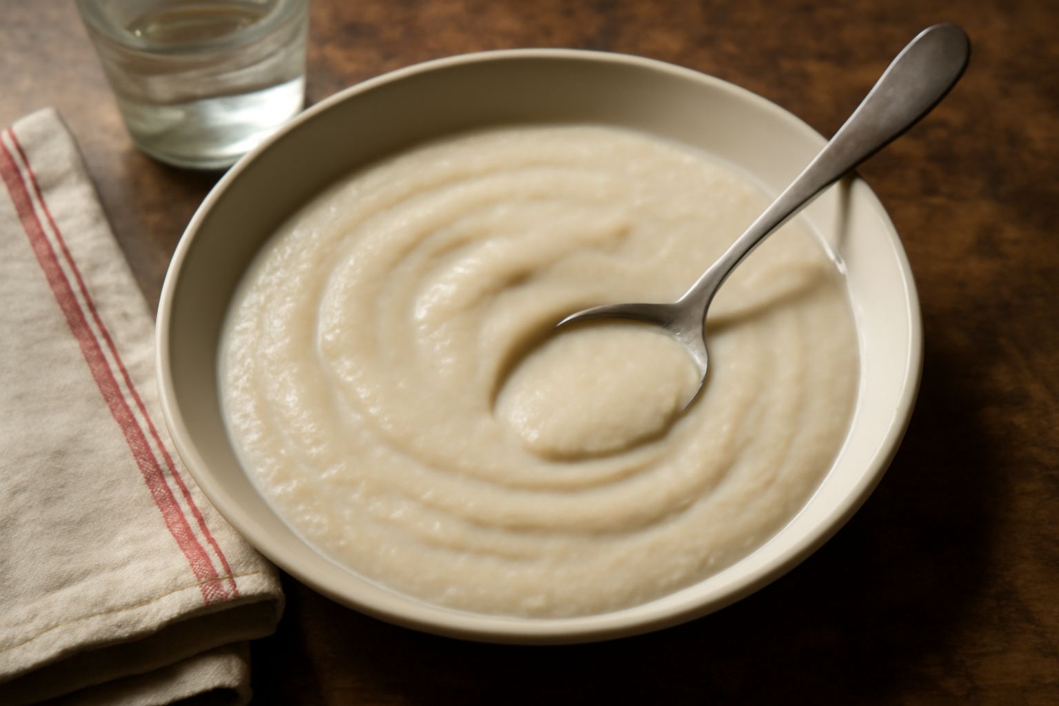 Ciotola di ceramica con agliata bianca cremosa color avorio, guarnita con filo d'olio d'oliva e una foglia di prezzemolo, accanto fette di pane tostato e spicchi d'aglio fresco su tavolo in legno chia