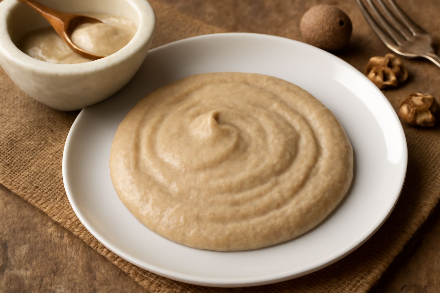 Agliata cremosa color nocciola in ciotola di ceramica bianca, con gocce visibili di olio d'oliva in superficie, contornata da spicchi d'aglio e noci intere sparse sul tavolo di legno scuro