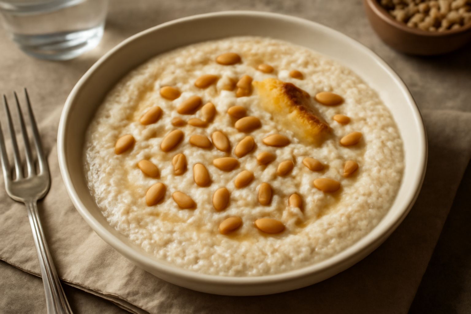 Agliata con pinoli in una ciotola di ceramica bianca, consistenza cremosa color avorio, pinoli interi sparsi in superficie, sfondo in legno naturale