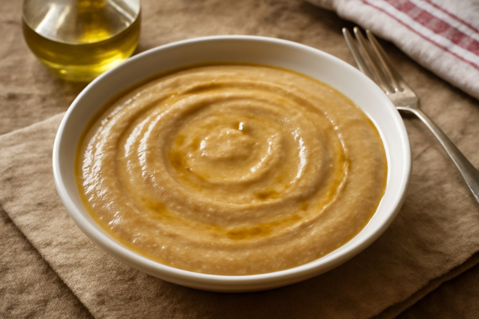 Ciotola di ceramica bianca con agliata densa e cremosa di colore beige, con gocce d'olio in superficie e fondo liscio, accompagnata da una fetta di pane tostato sul bordo del piatto