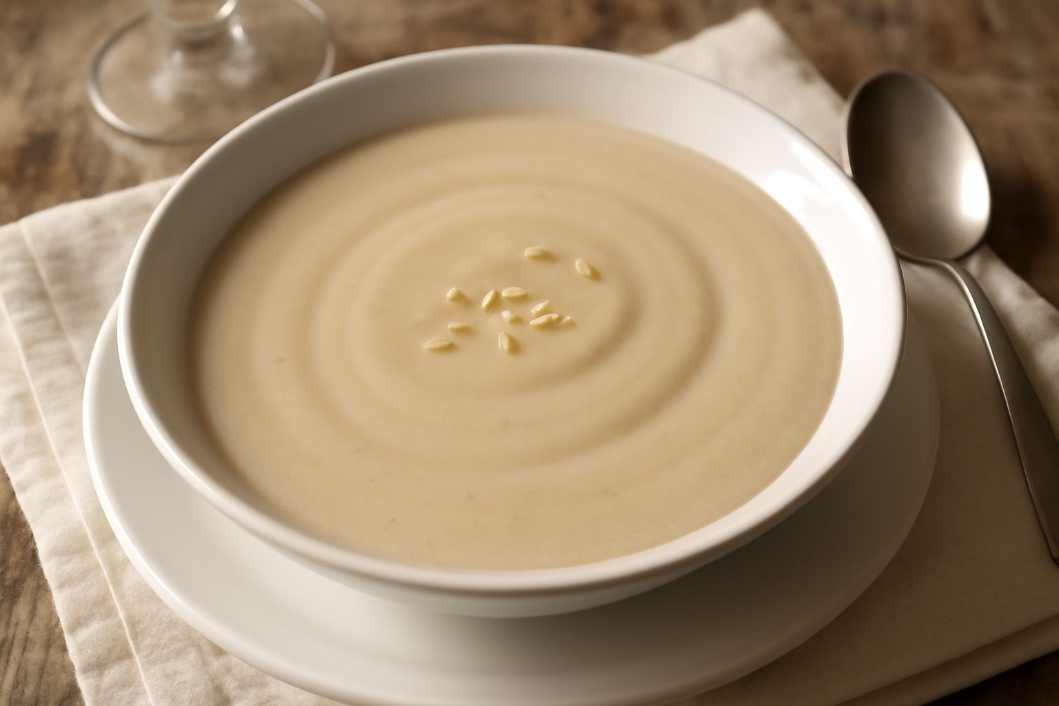 Salsa agliata cremosa in ciotola bianca, colore beige chiaro, servita con cucchiaio di legno, aglio fresco accanto e fette di pane raffermo sullo sfondo