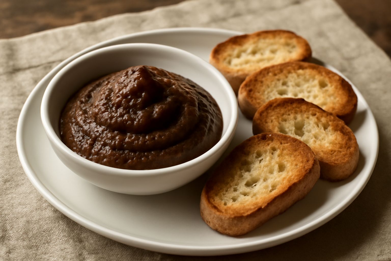 Una ciotola di ceramica bianca contiene agliata d'acciughe densa e marrone scuro, con tracce di olio in superficie, circondata da crostini tostati e una testa d'aglio fresco sbucciata accanto