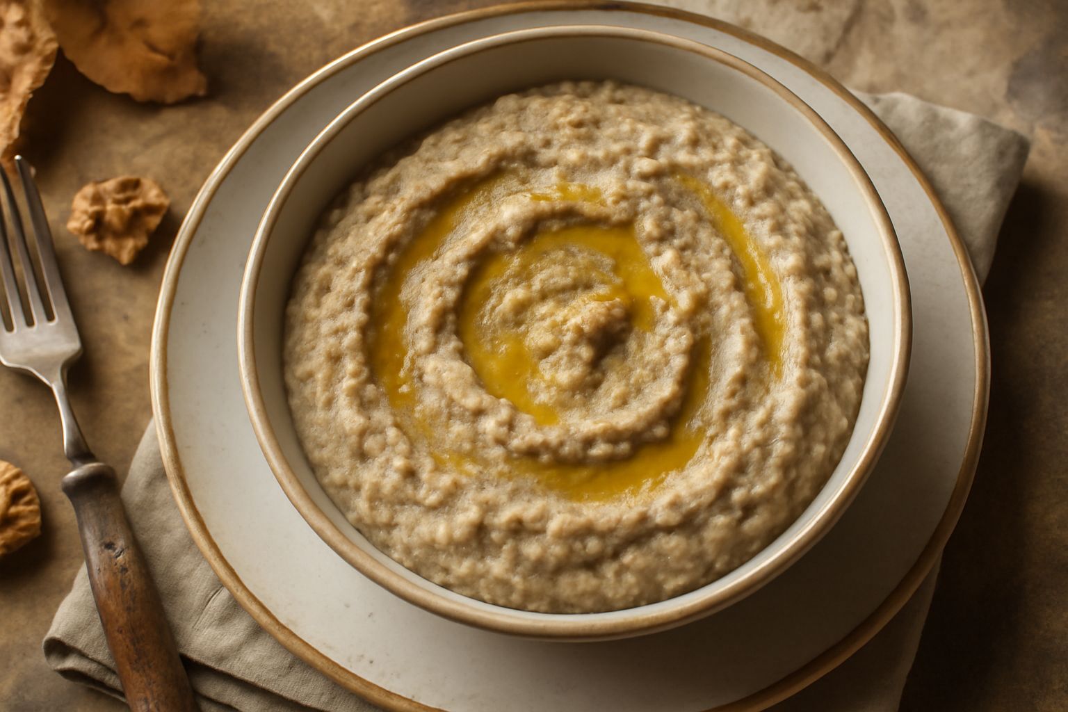 Salsa agliata color beige in una ciotola di ceramica, con visibile texture granulosa da noci e pane, decorata con un filo di olio extravergine e spicchi d'aglio tostato intorno