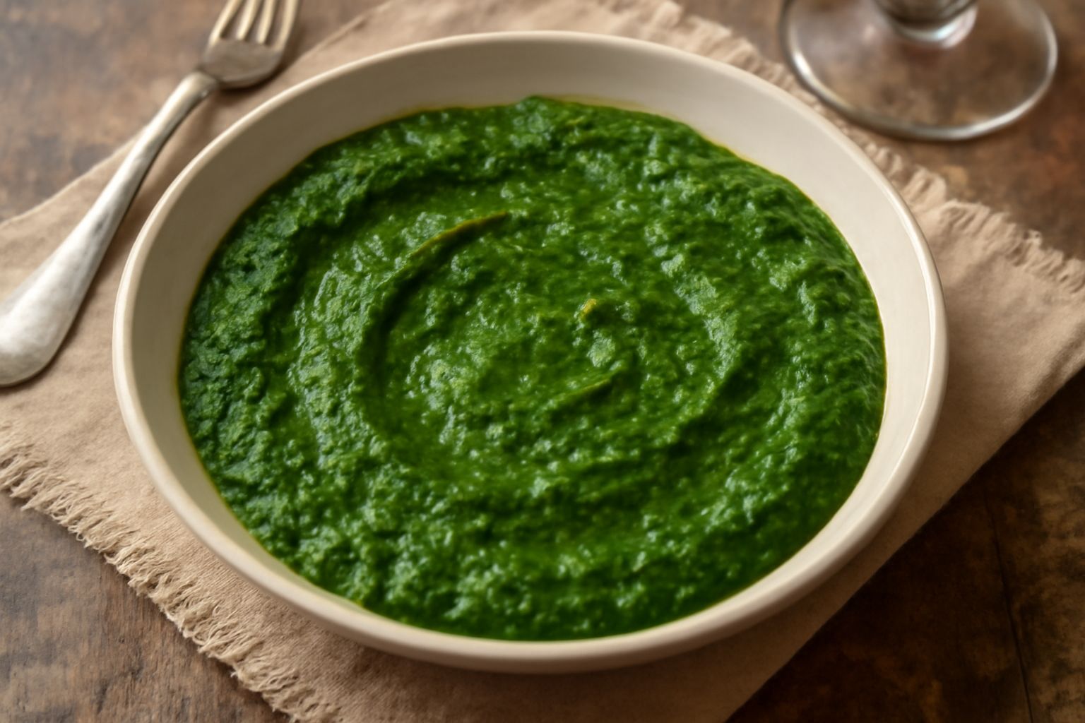 Agliata d'erbette in una ciotola di ceramica bianca, con pasta verde scuro e consistenza densa, servita con fette di pane tostato, accanto mazzi di verdure selvatiche fresche
