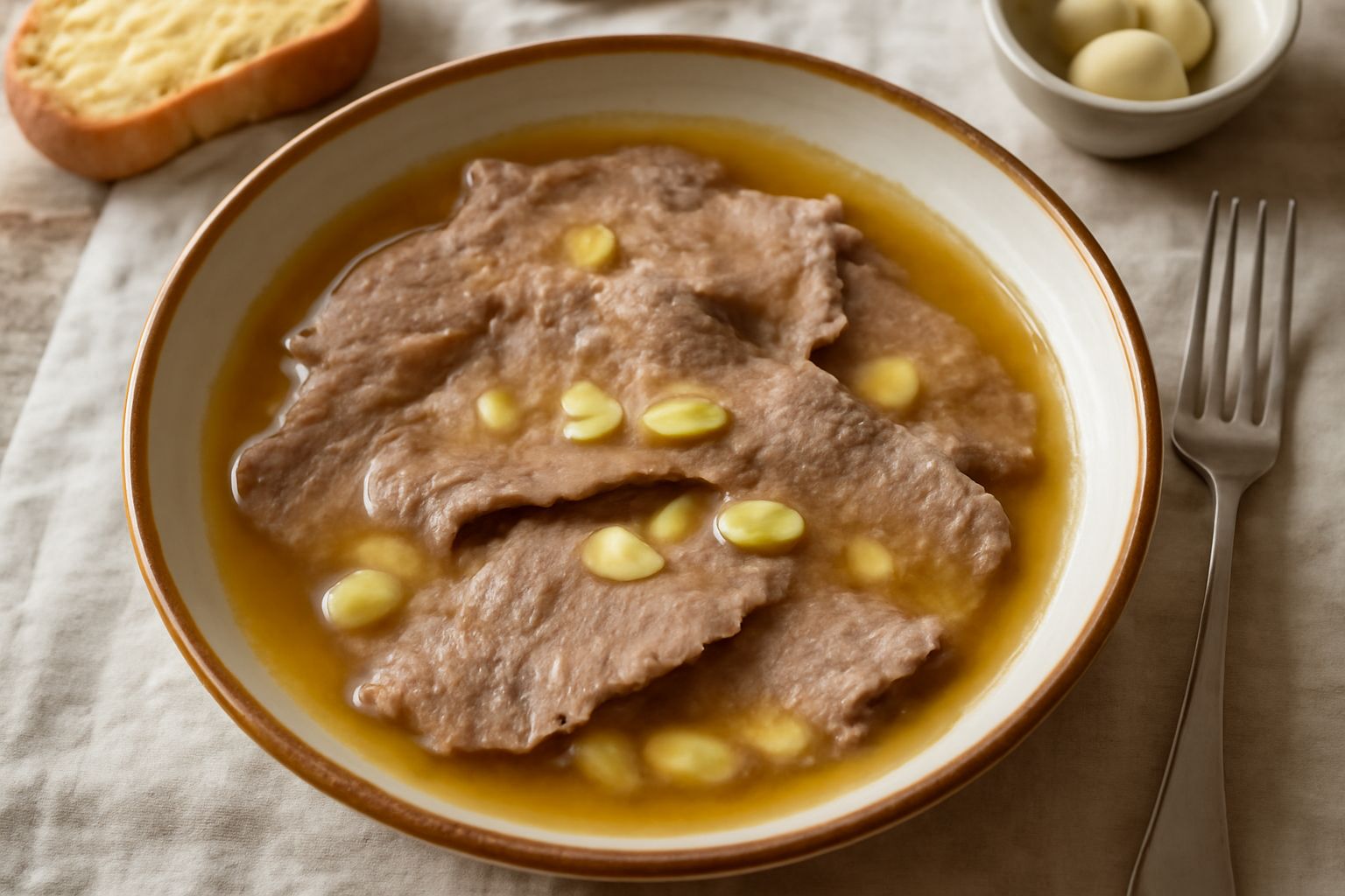 Ciotola di ceramica bianca con agliata di carne: fettine di manzo grigio-dorate immerse in brodo trasparente brunastro, con tre o quattro spicchi d'aglio visibili in superficie, impiattamento rustico,