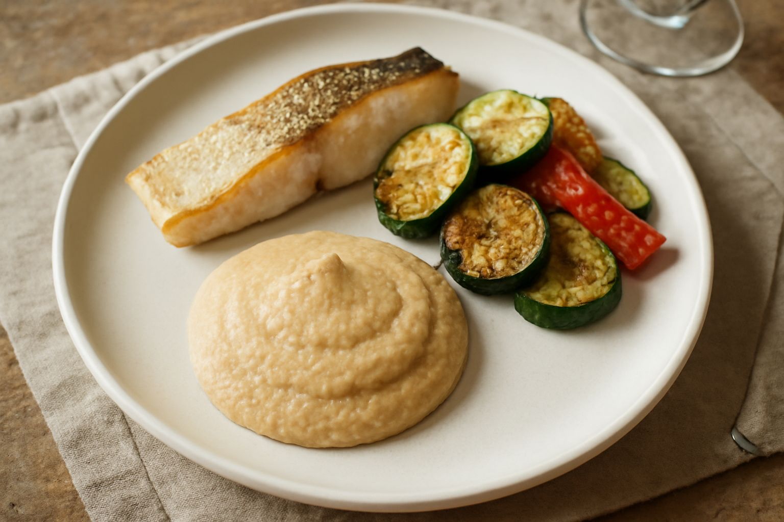 Agliata di mandorle in una ciotola bianca, colore beige chiaro con venature leggere, superficie morbida e cremosa, condimento versato su un piatto con branzino al forno sullo sfondo