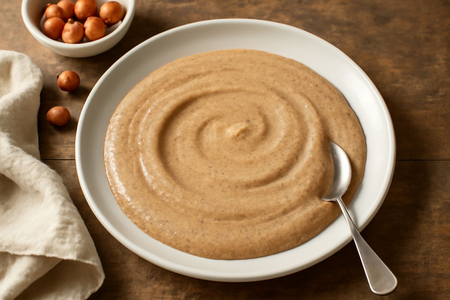 Agliata di nocciola in una ciotola di ceramica beige, consistenza cremosa marrone chiaro, con filo d'olio d'oliva versato in superficie e una noce sbriciolata accanto